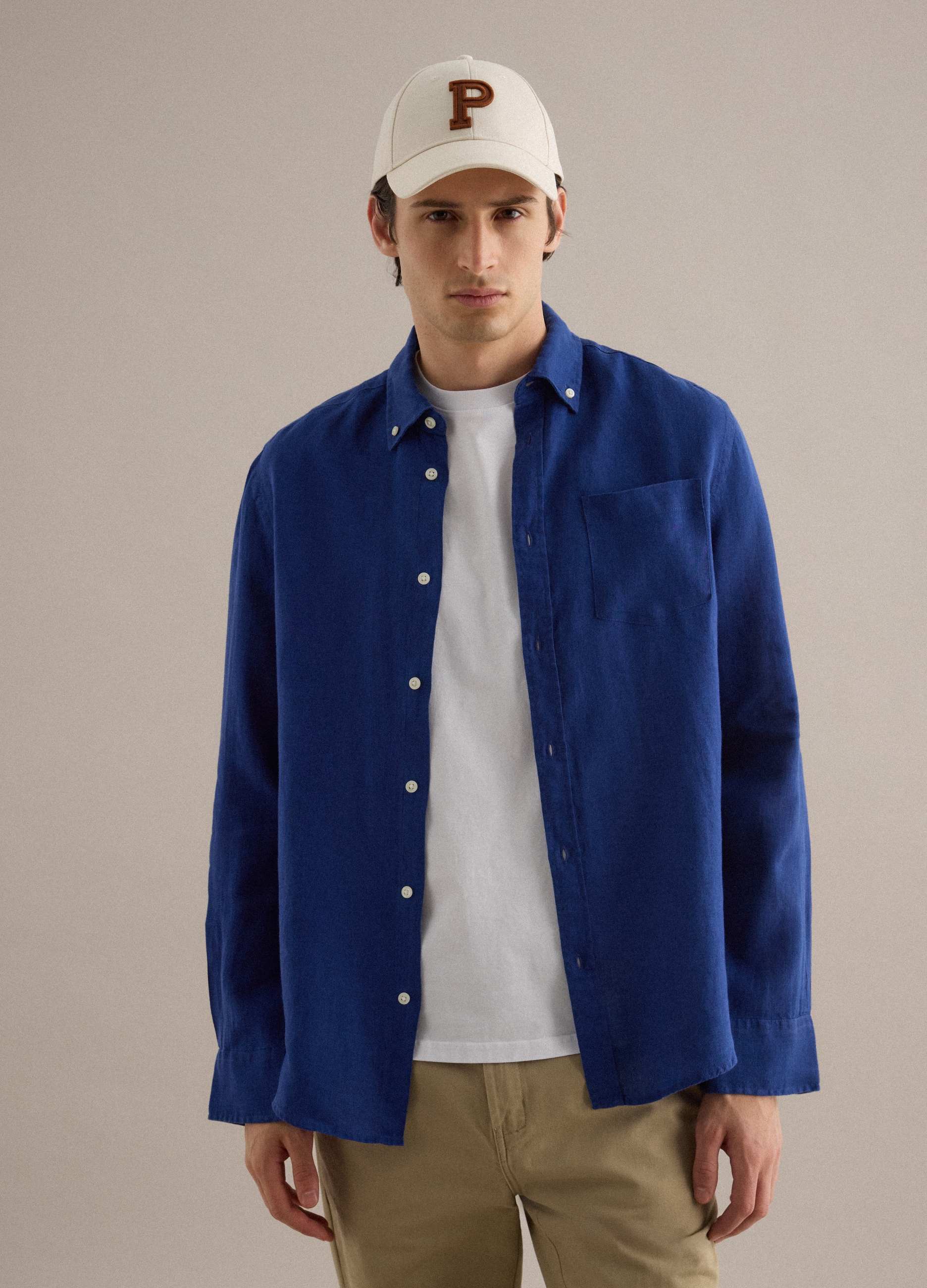 PIOMBO, Camisa De Manga Larga De Lino Puro Azul Ajuste Regular, Hombre, Blu Bluette, Talla: XXL