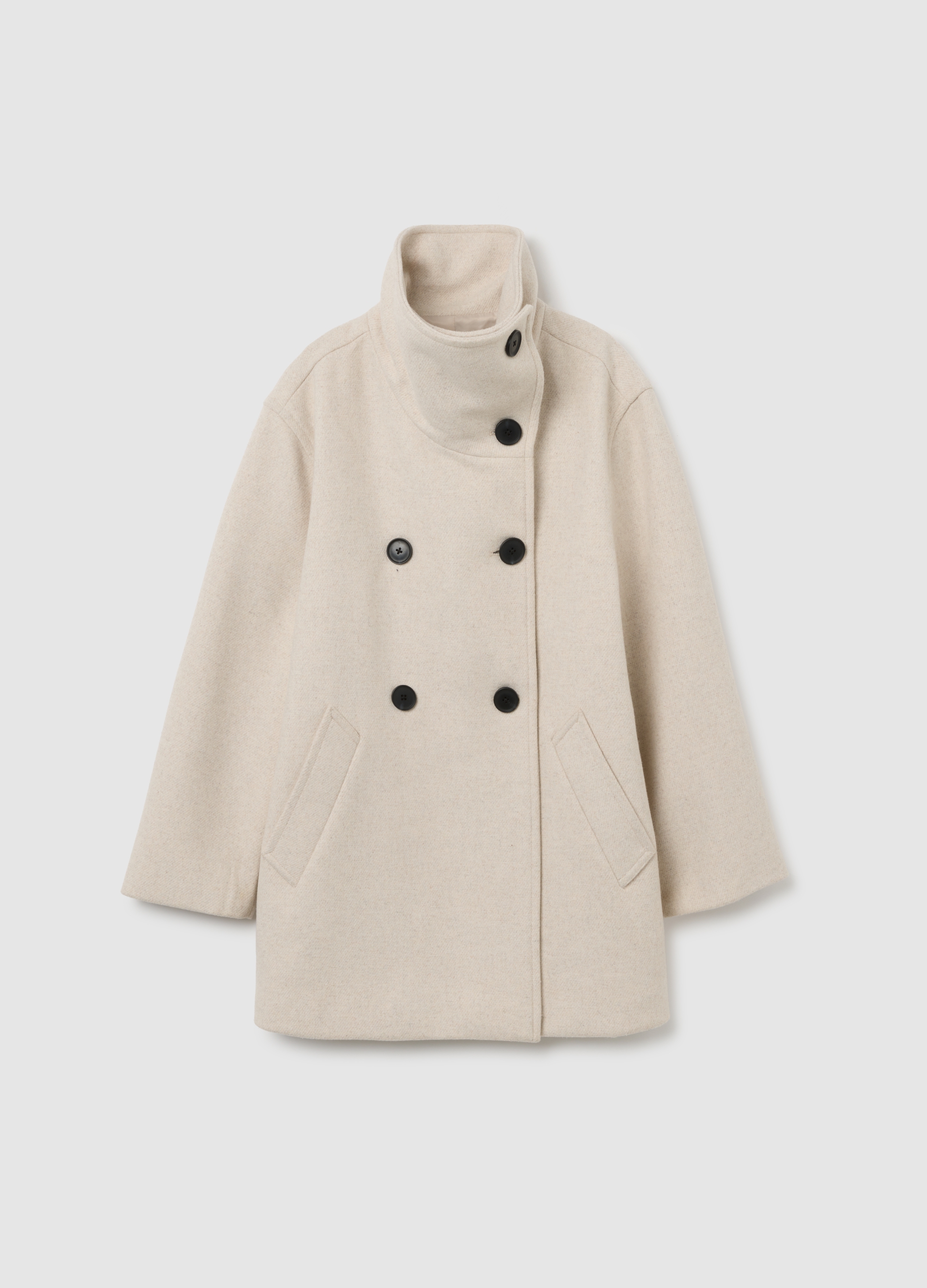 Abrigo Beige De Corte Regular Con Cuello Alto Y Botones Dobles, Mujer, Beige Claro, Talla: XL