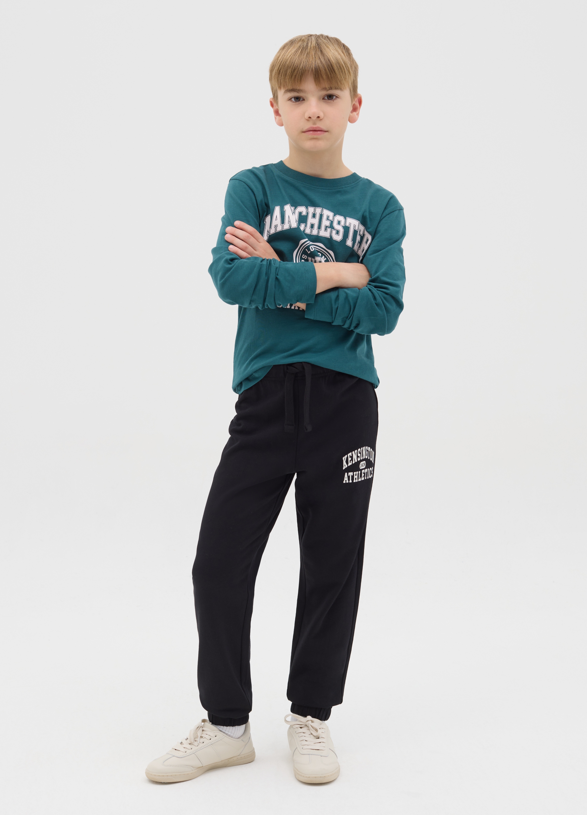 Joggers De Felpa Con Cordón De Ajuste Y Estampado, Niño, Negro, Talla: 12-13