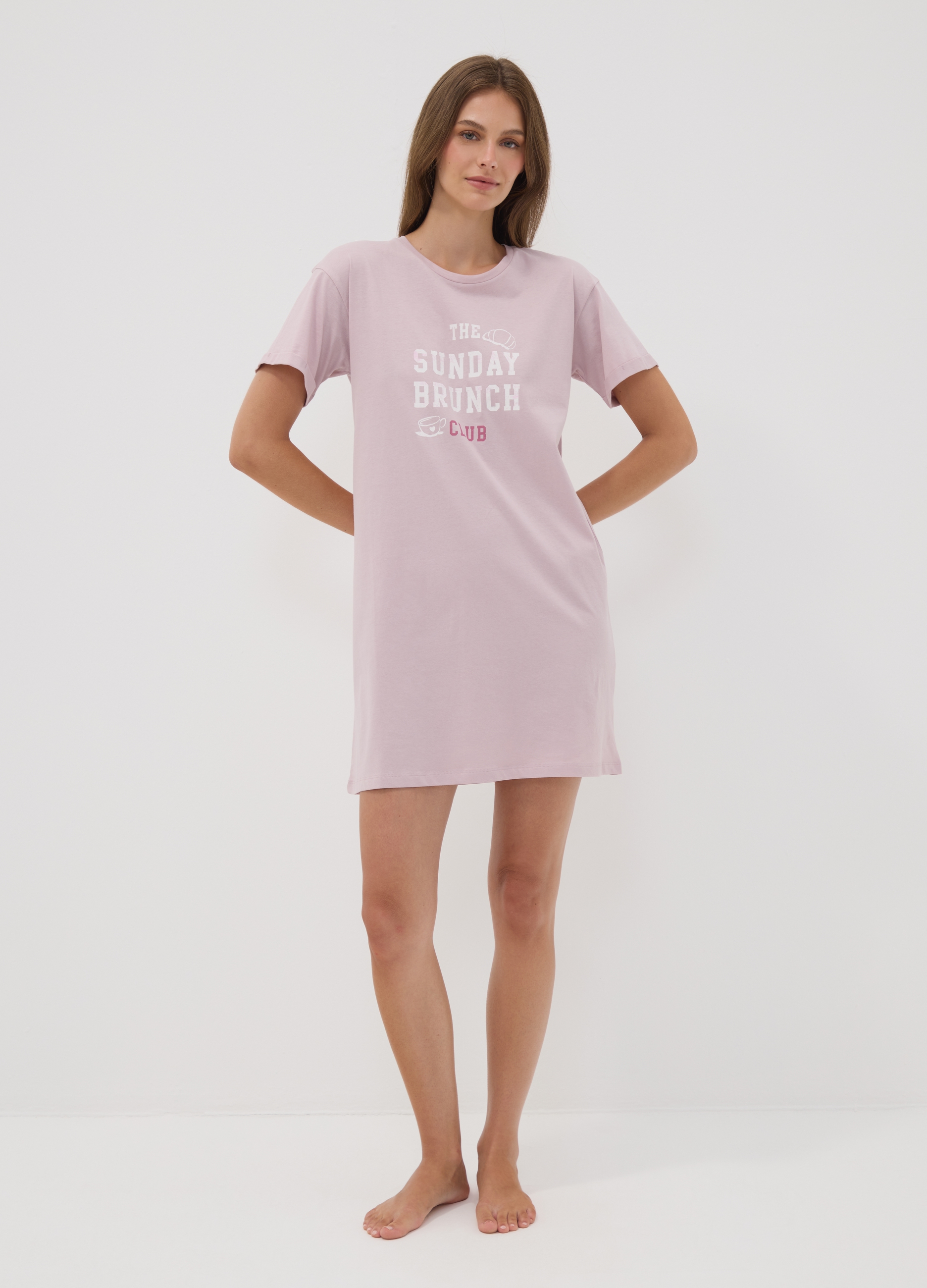 OVS, Camicia Da Notte Rosa In Puro Cotone Organico A Girocollo Con Scritte Frontali, Donna, Rosa, Taglia: XXL