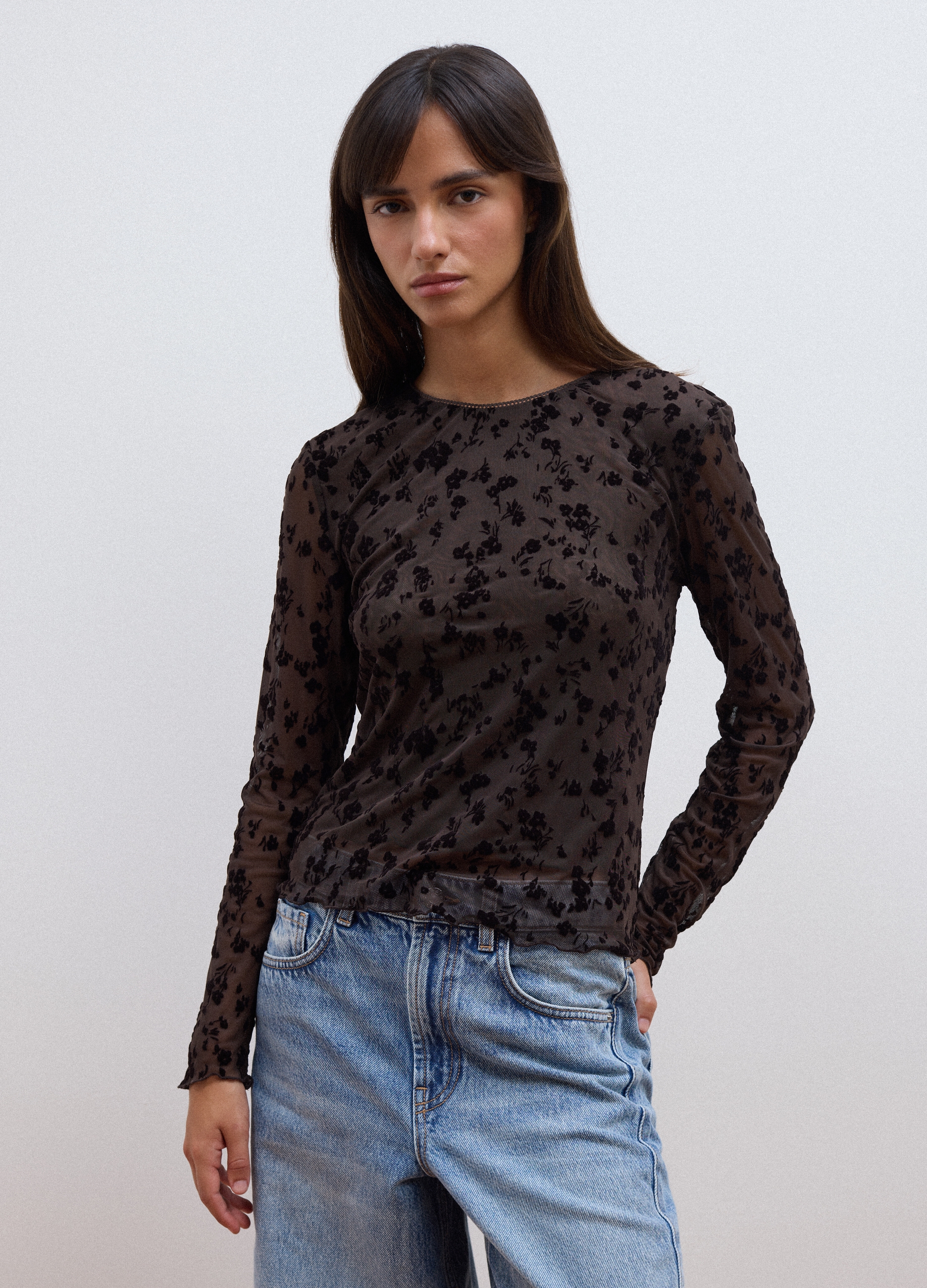 LES COPAINS, T-shirt Nera In Tessuto Elasticizzato Con Fantasia Floreale, Donna, Nero, Taglia: XL