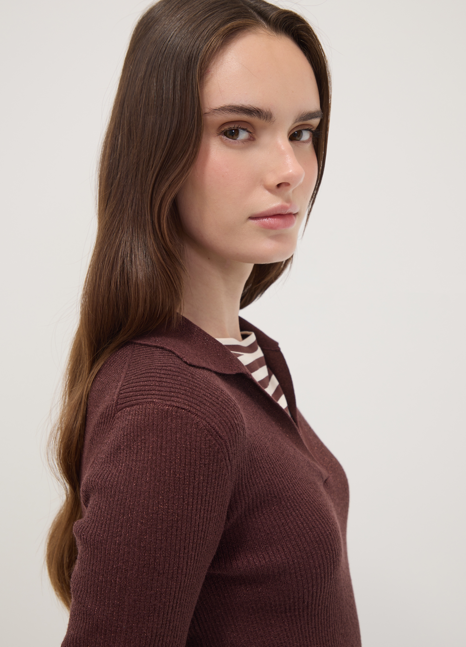 OVS, Maglia Marrone A Costine In Misto Viscosa Con Collo Polo, Donna, Marrone, Taglia: XS