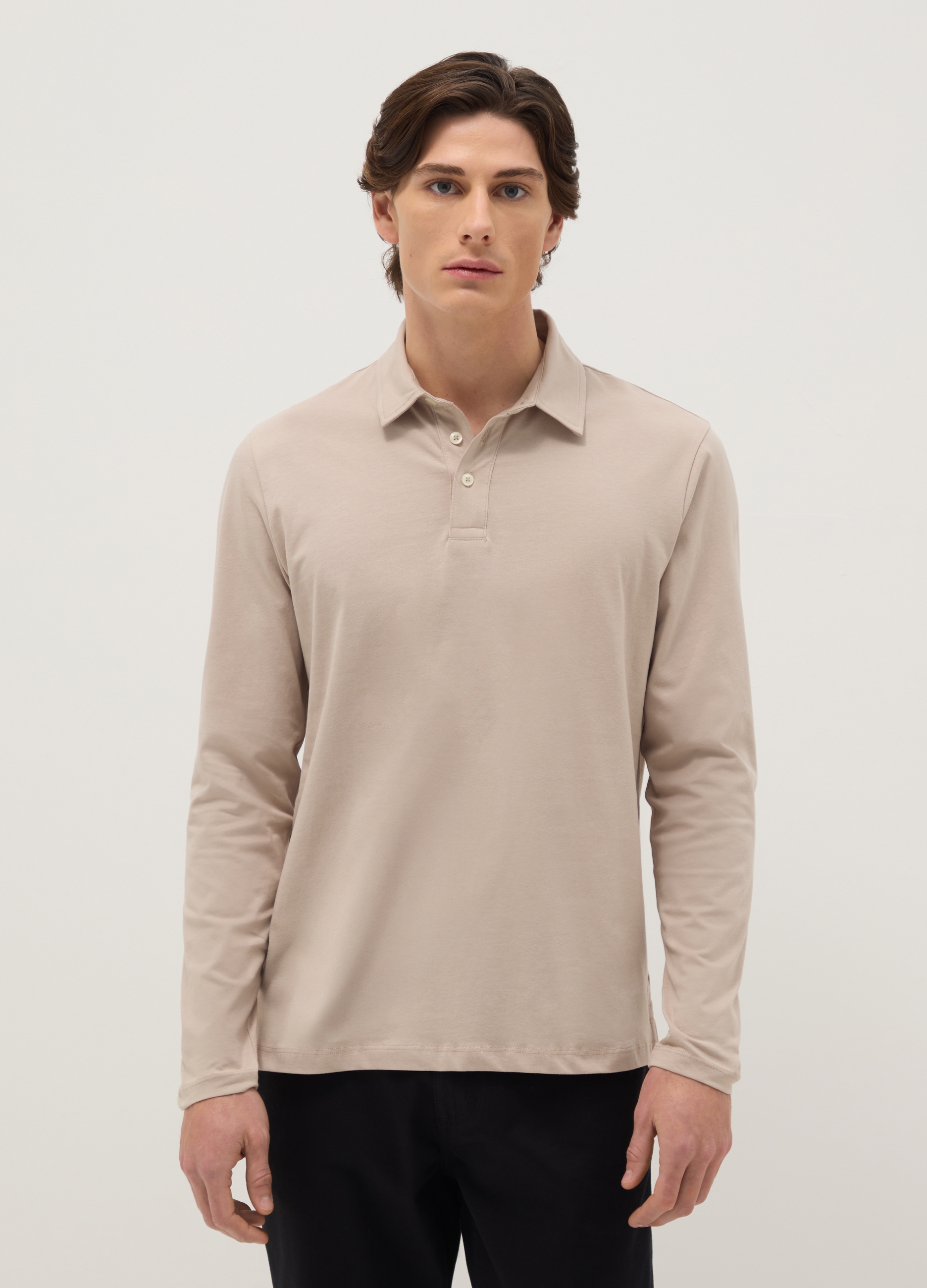 Polo Beige De Manga Larga En Algodón Puro Corte Regular, Hombre, Gris topo, Talla: XXL
