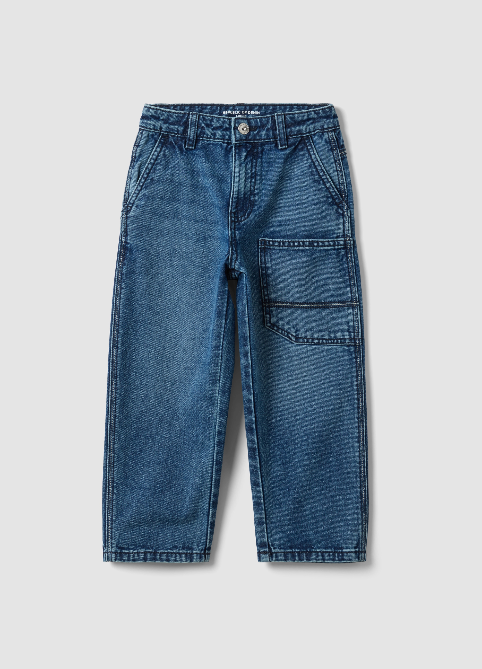 REPUBLIC OF DENIM, Jeans Blu In Puro Cotone Con Tasche Applicate Loose Fit Per Bambino, Blu, Taglia: 3-4