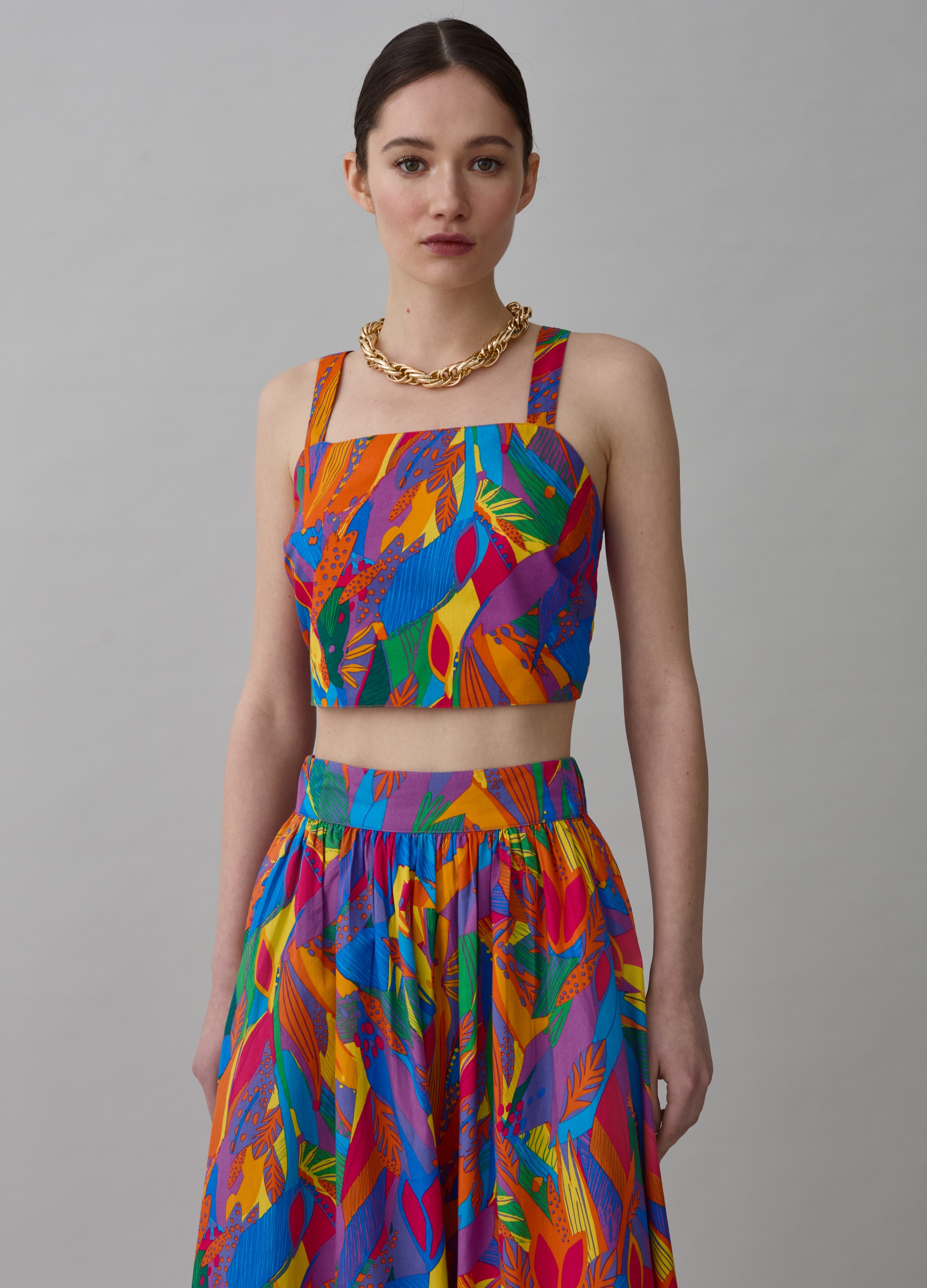 PIOMBO, Crop Top Stampa Foliage Tropicale, Donna, Multicolor, Taglia: L