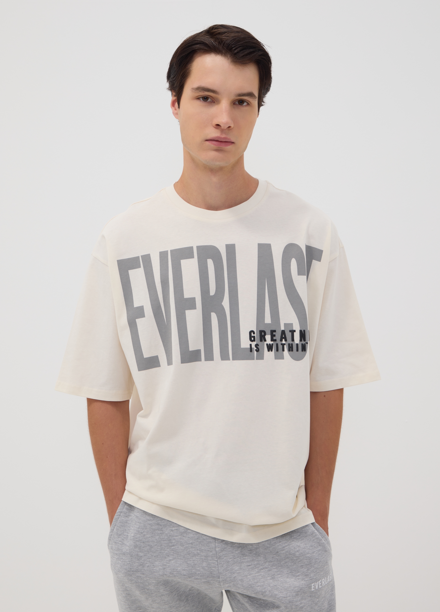 EVERLAST, T-shirt Over Bianca In Puro Cotone Con Logo Frontale, Unisex, Bianco, Taglia: S