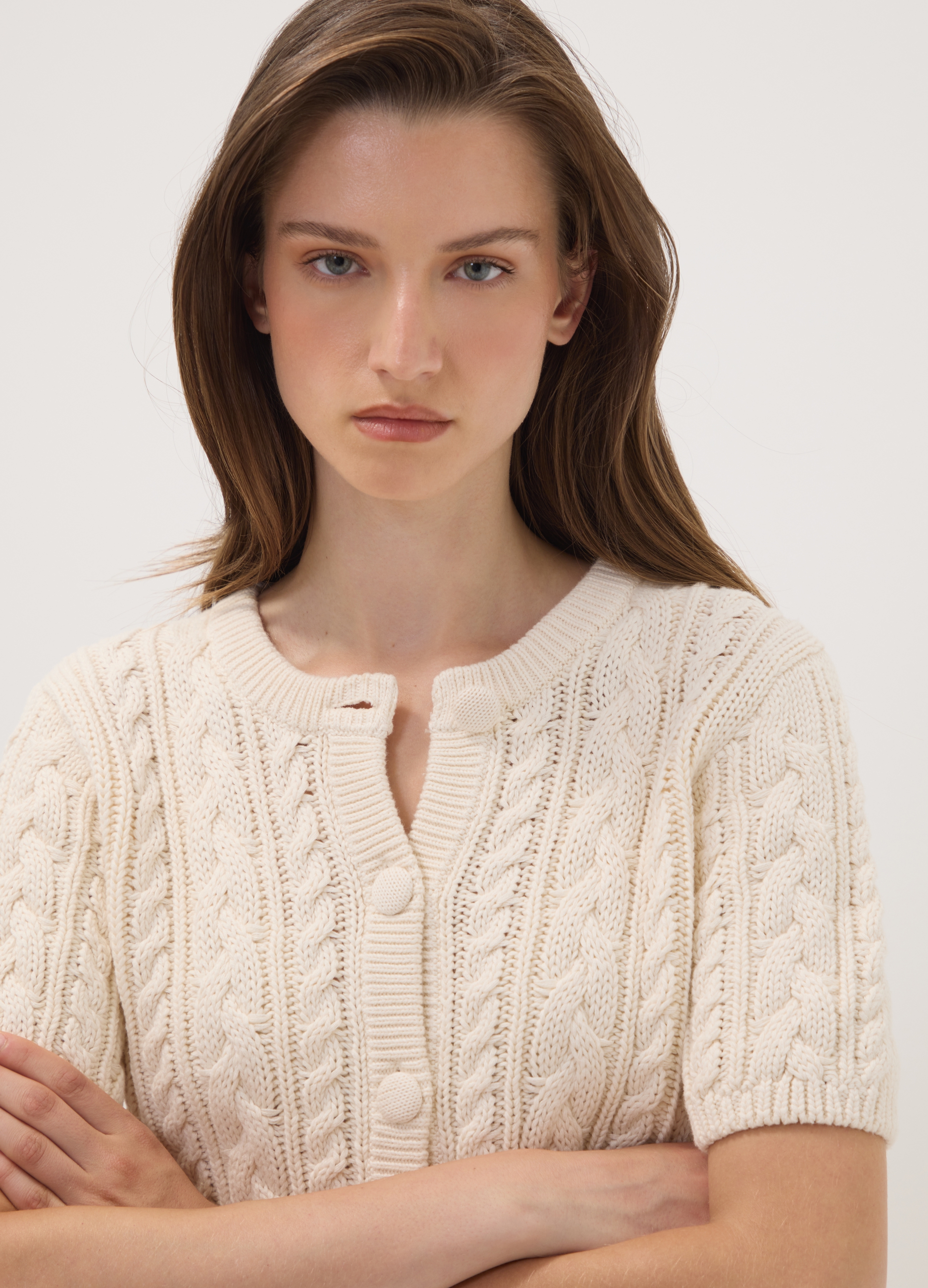 OVS, Cardigan Beige In Puro Cotone A Trecce Regular Fit, Donna, Beige, Taglia: M