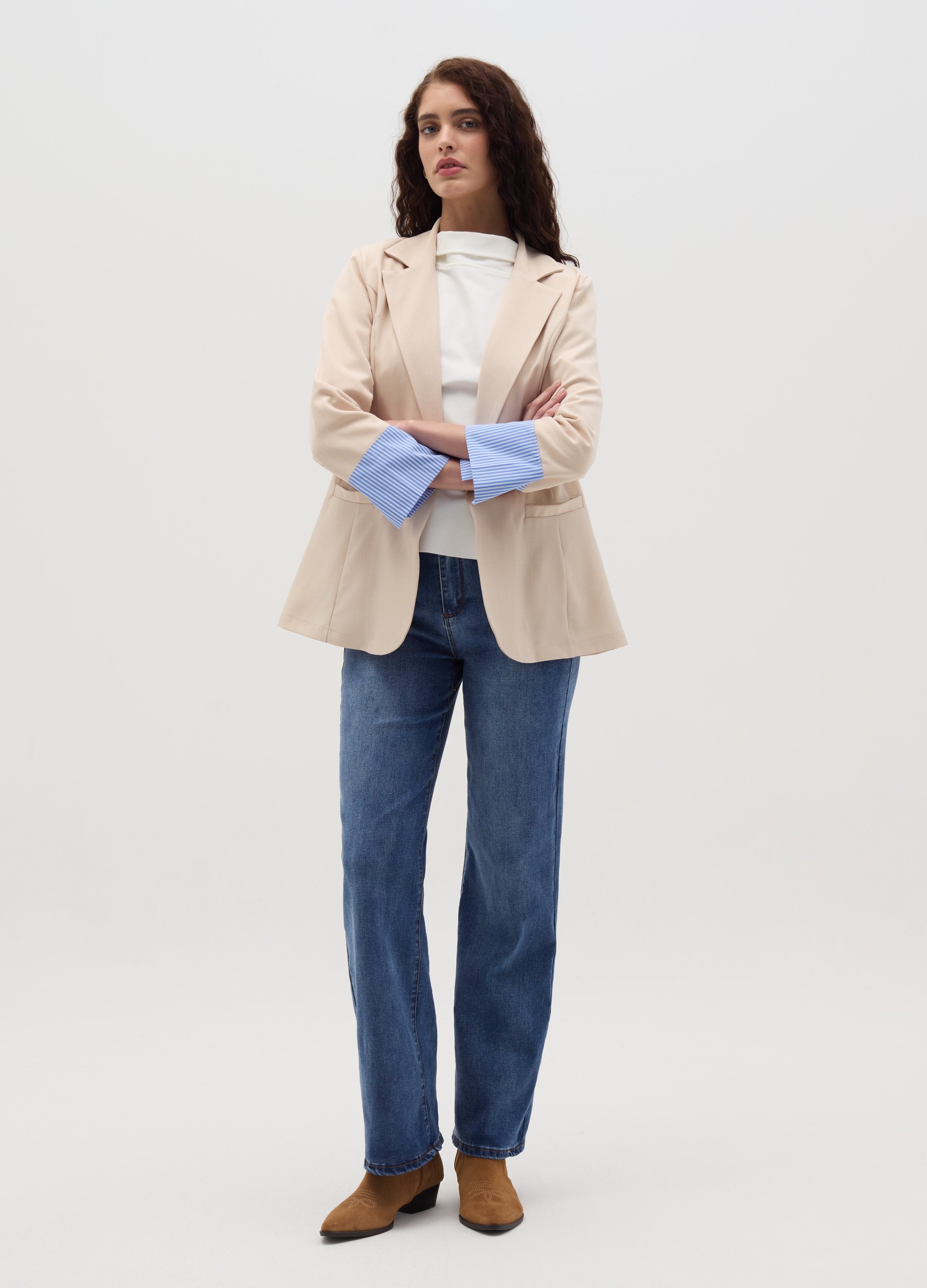 HYBRID, Blazer Monopetto Con Dettaglio A Contrasto, Donna, Beige, Taglia: S