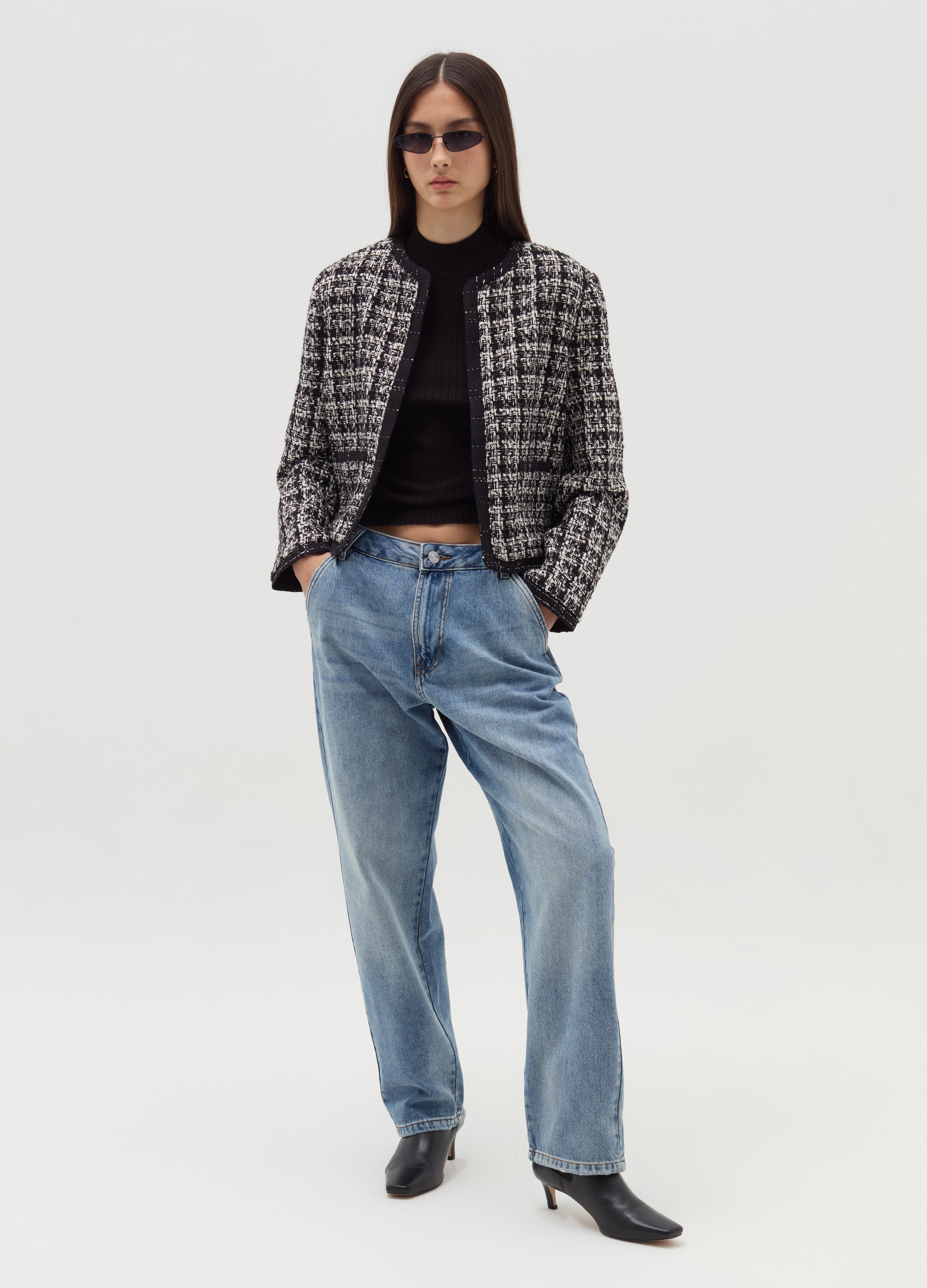 OVS, Blazer De Tweed Bicolor, Mujer, Negro/Blanco, Talla: 44