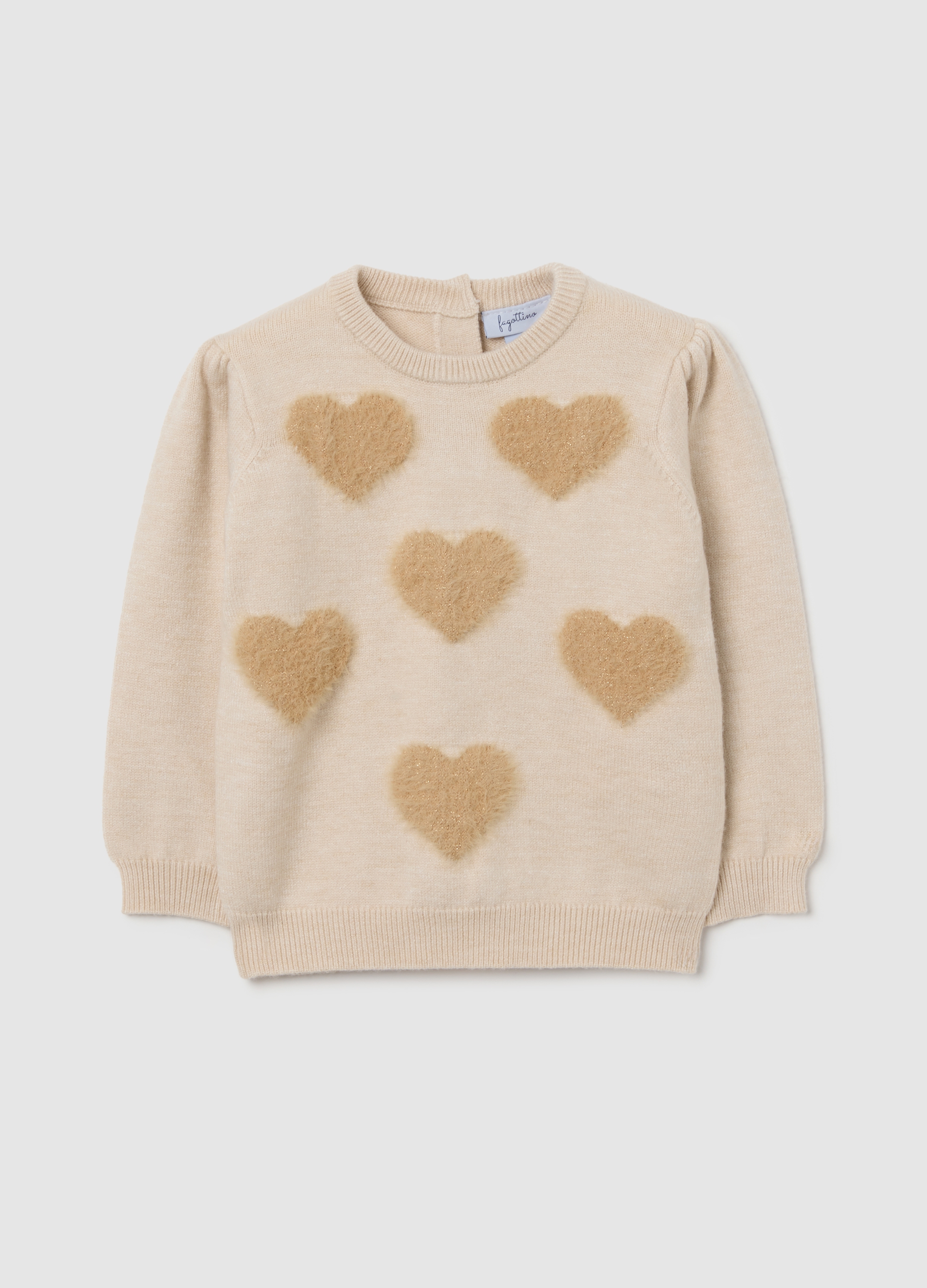 FAGOTTINO, Maglione Da Bimba Beige Con Motivi A Cuore Regular Fit, Bambina, Beige, Taglia: 12-18