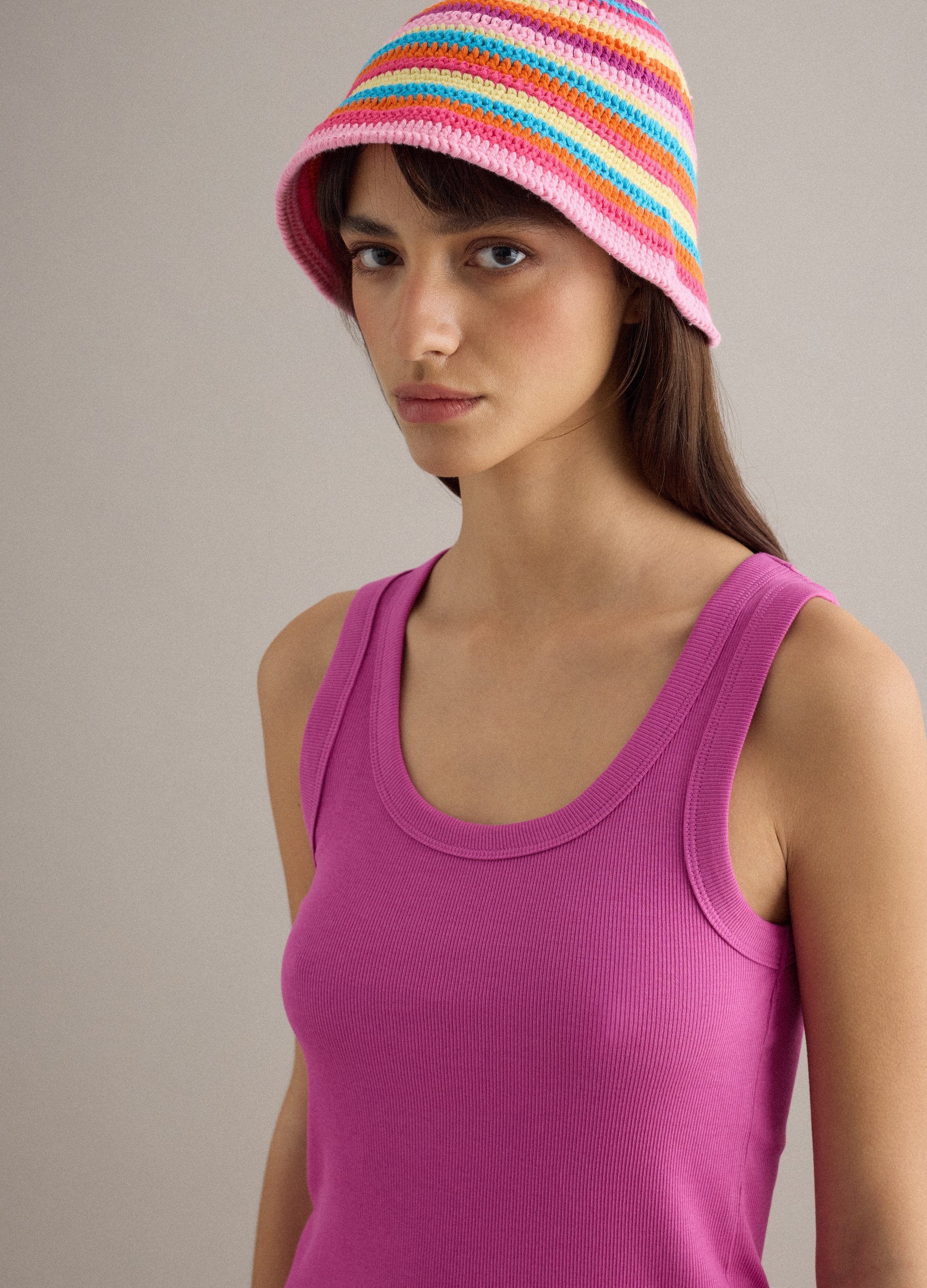 PIOMBO, Camiseta De Tirantes Rosa De Algodón Elástico Regular Fit, Mujer, Fucsia, Talla: 36