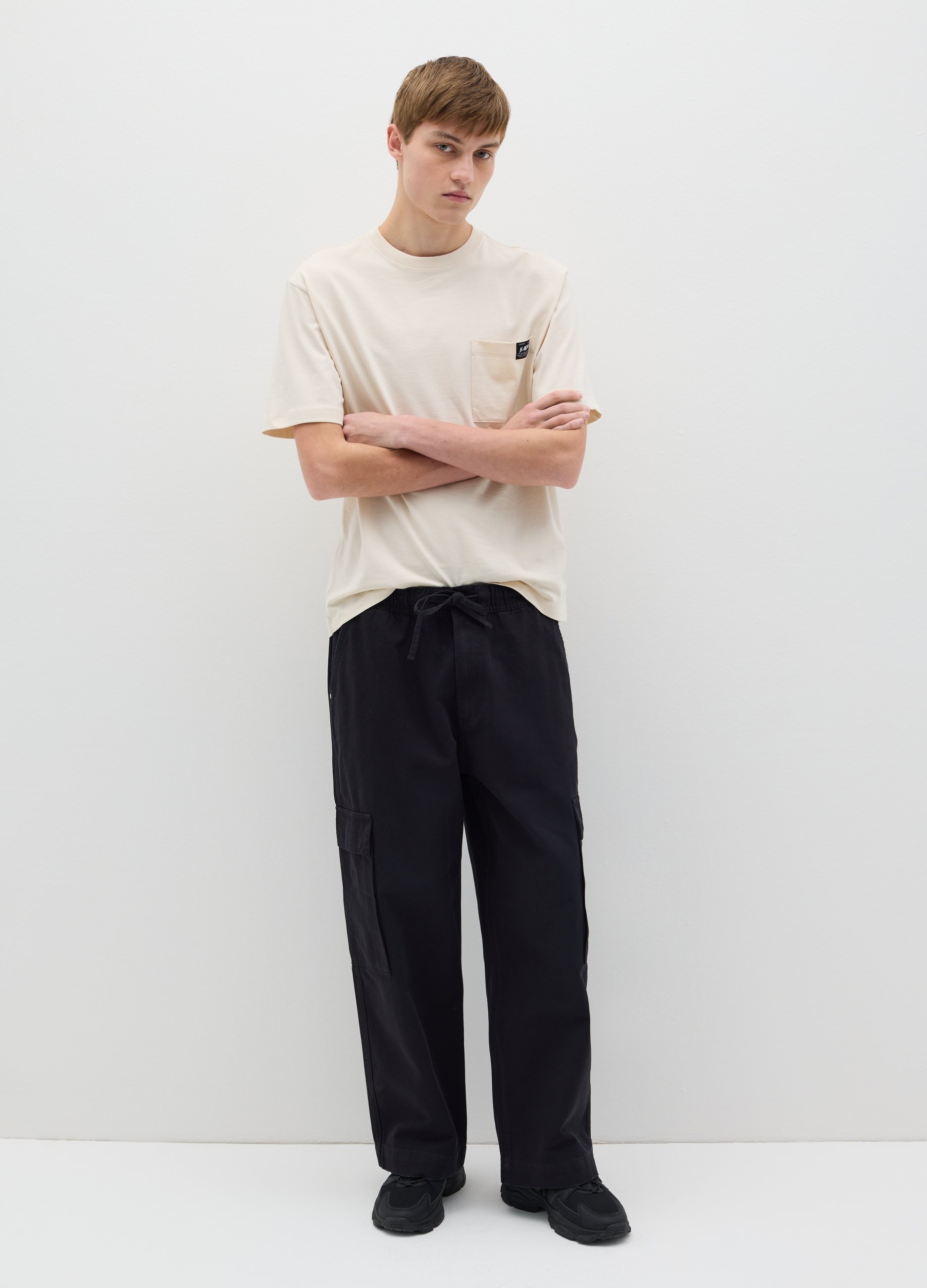 B.ANGEL, Joggers Cargo De Pernera Ancha Con Cordón, Hombre, Negro, Talla: XS