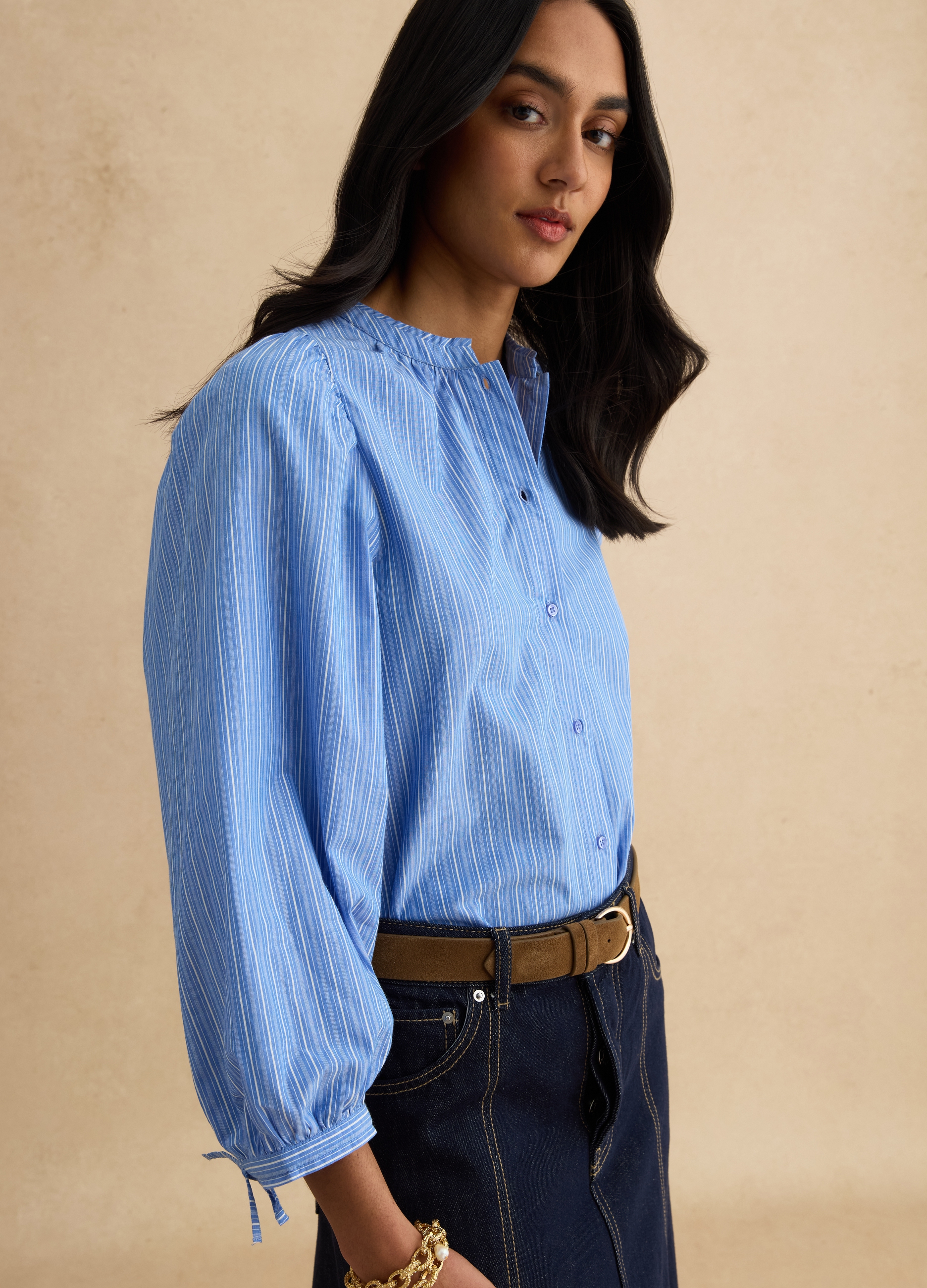 LES COPAINS, Camisa De Rayas Multicolor En Puro Algodón, Ajuste Regular Con Cuello Mao, Mujer, Blanco/azul claro, Talla: 38