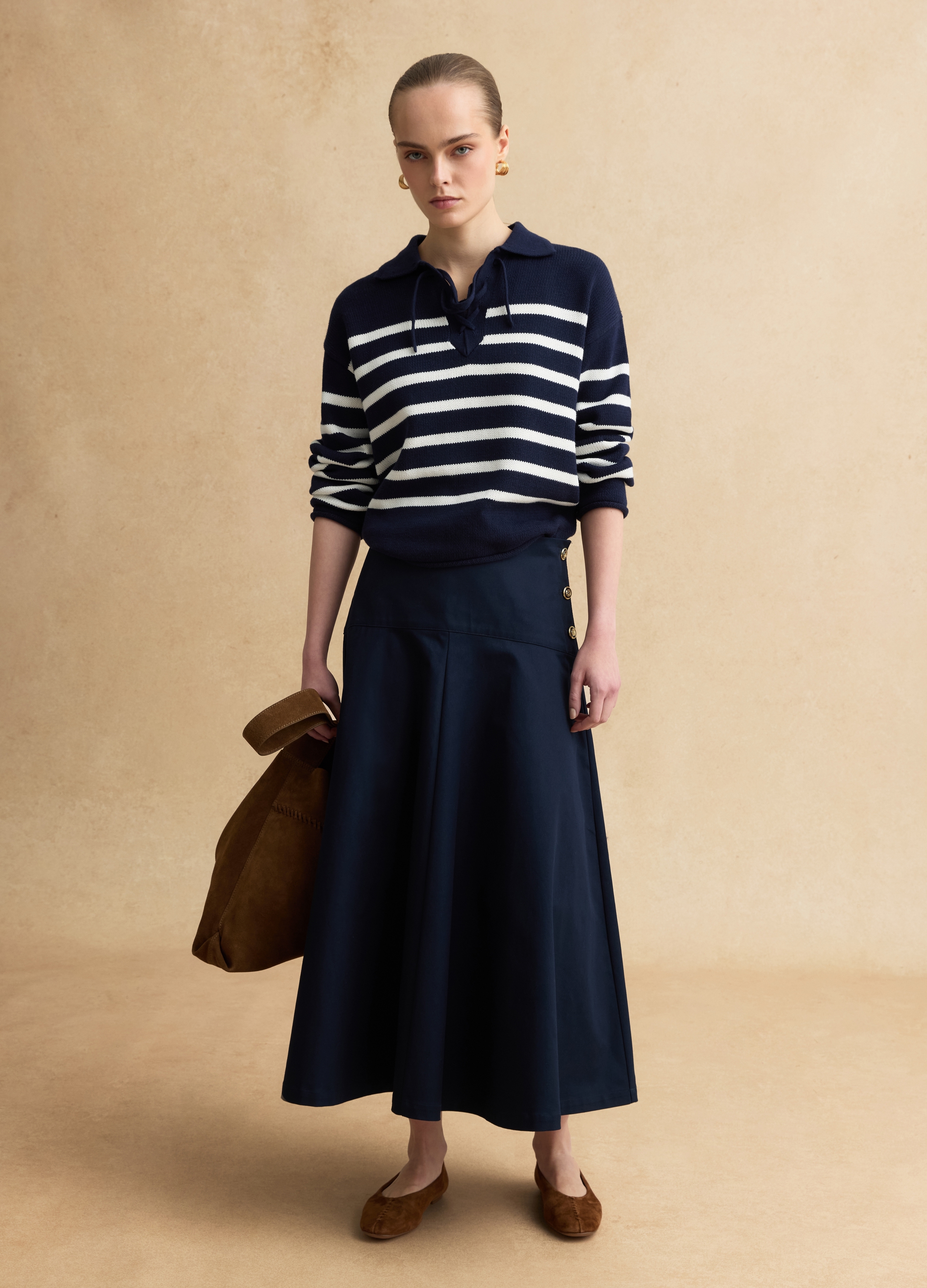 LES COPAINS, Falda Larga Azul De Puro Algodón Regular Fit Con Botones Decorativos, Mujer, Azul marino, Talla: 34