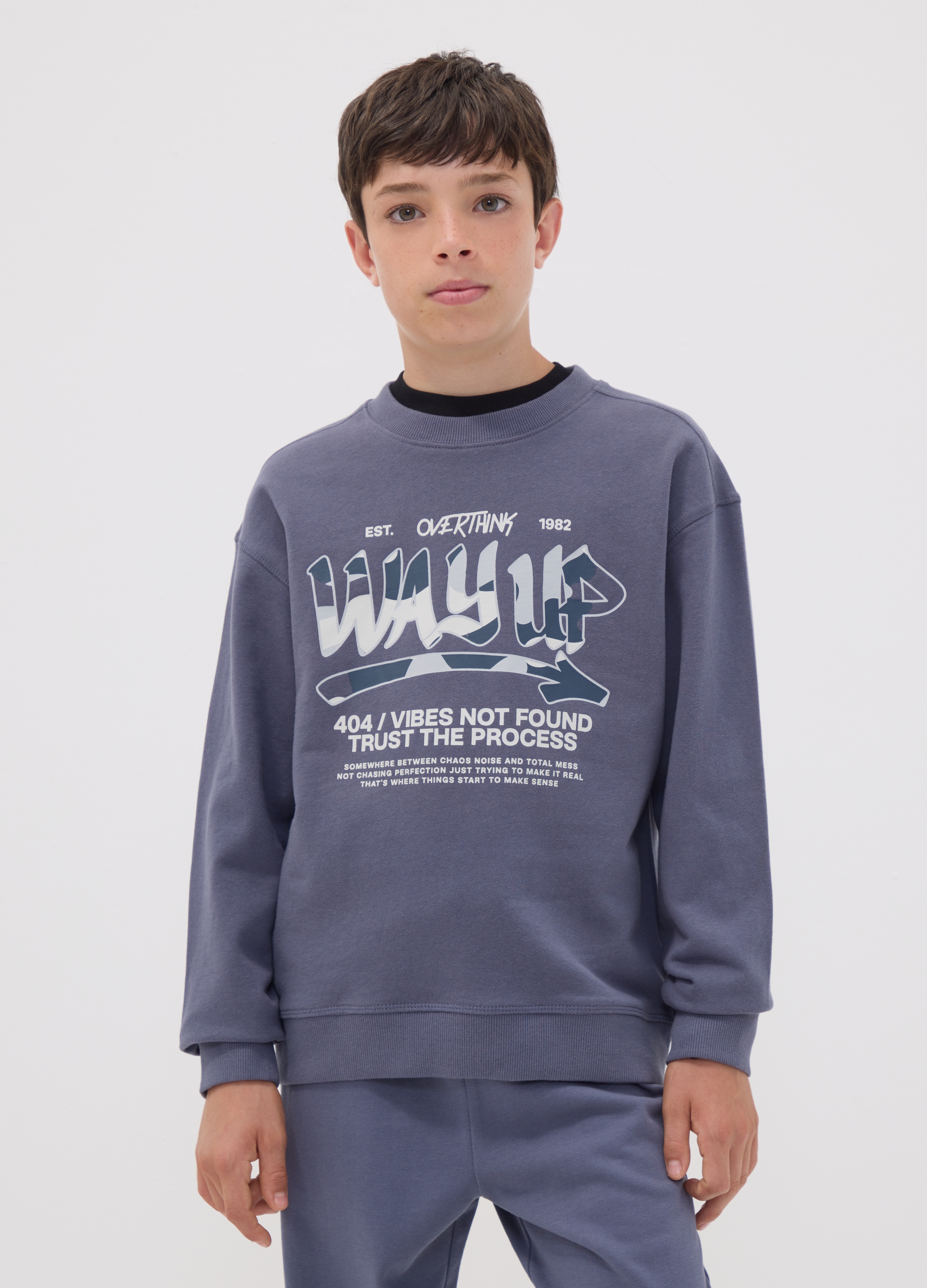OVS KIDS, Felpa Grigia In Puro Cotone Con Stampa Frontale Per Ragazzo Relaxed Fit, Bambino, Grigio, Taglia: 11-12