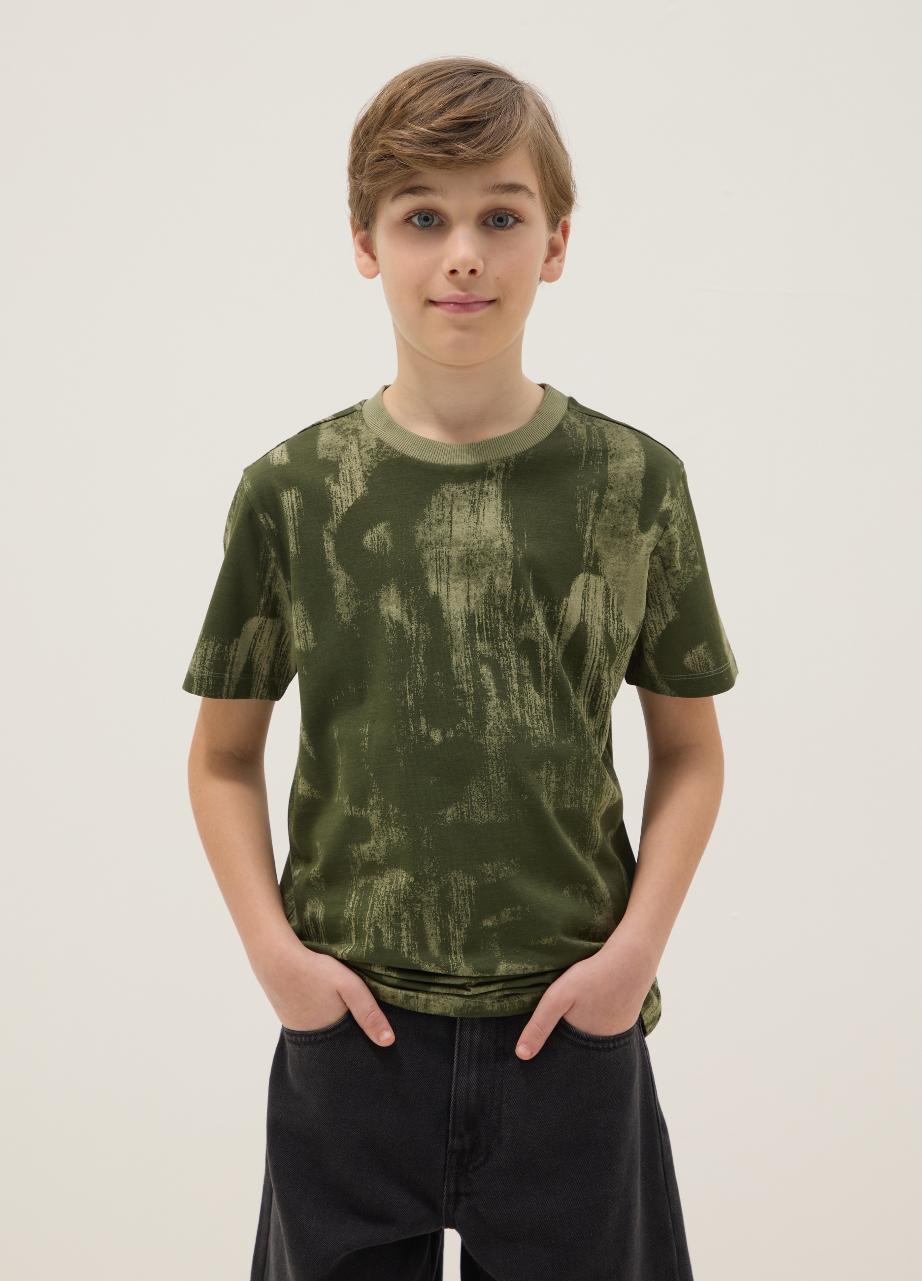 OVS KIDS, Camiseta Verde De Algodón Puro Regular Fit Para Niño Con Estampados, Niño, Verde oscuro, Talla: 11-12