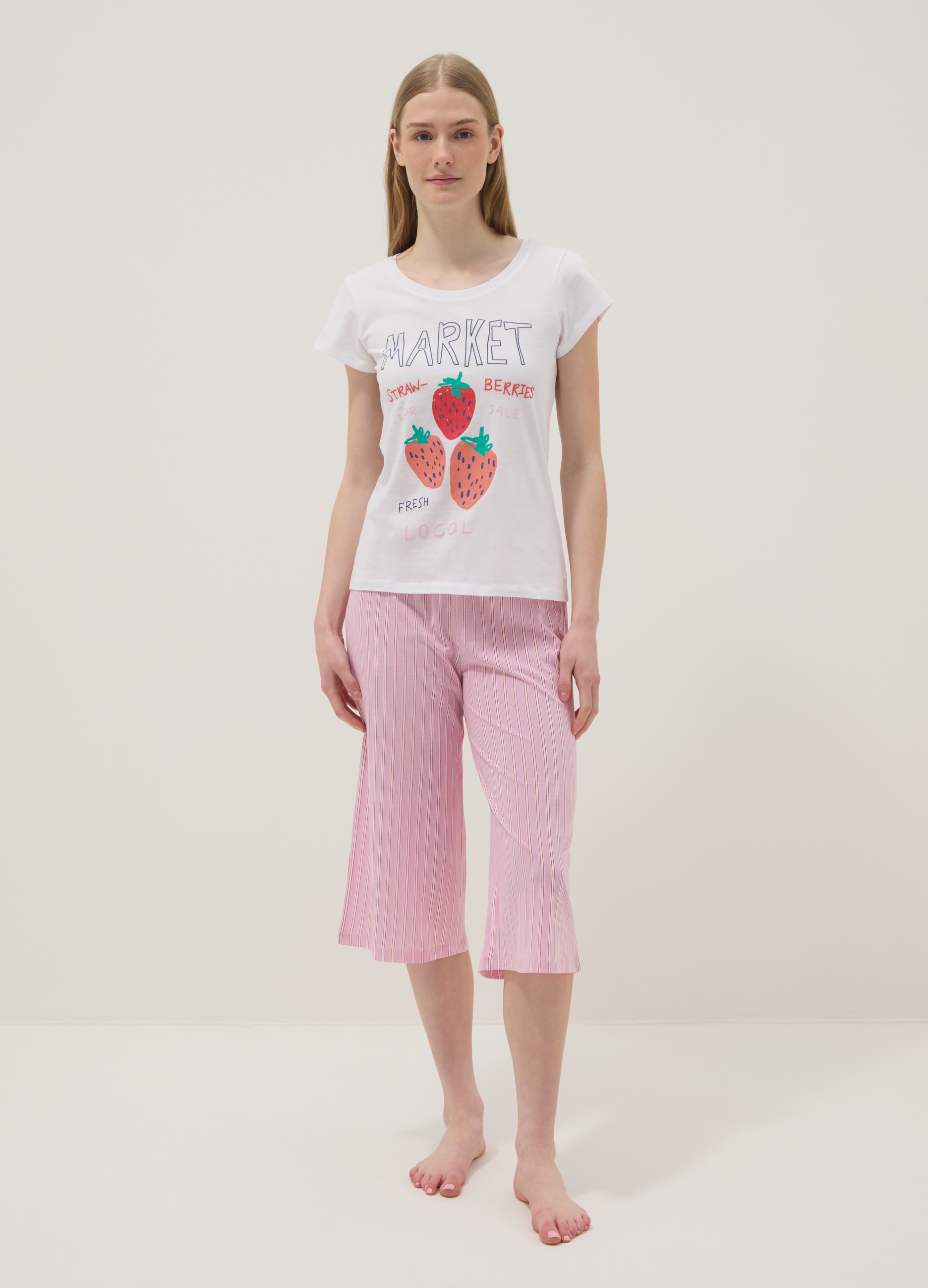 Pantalones Cortos De Pijama De Puro Algodón Rosa A Rayas - Ajuste Regular, Mujer, Rosa pastel, Talla: 36