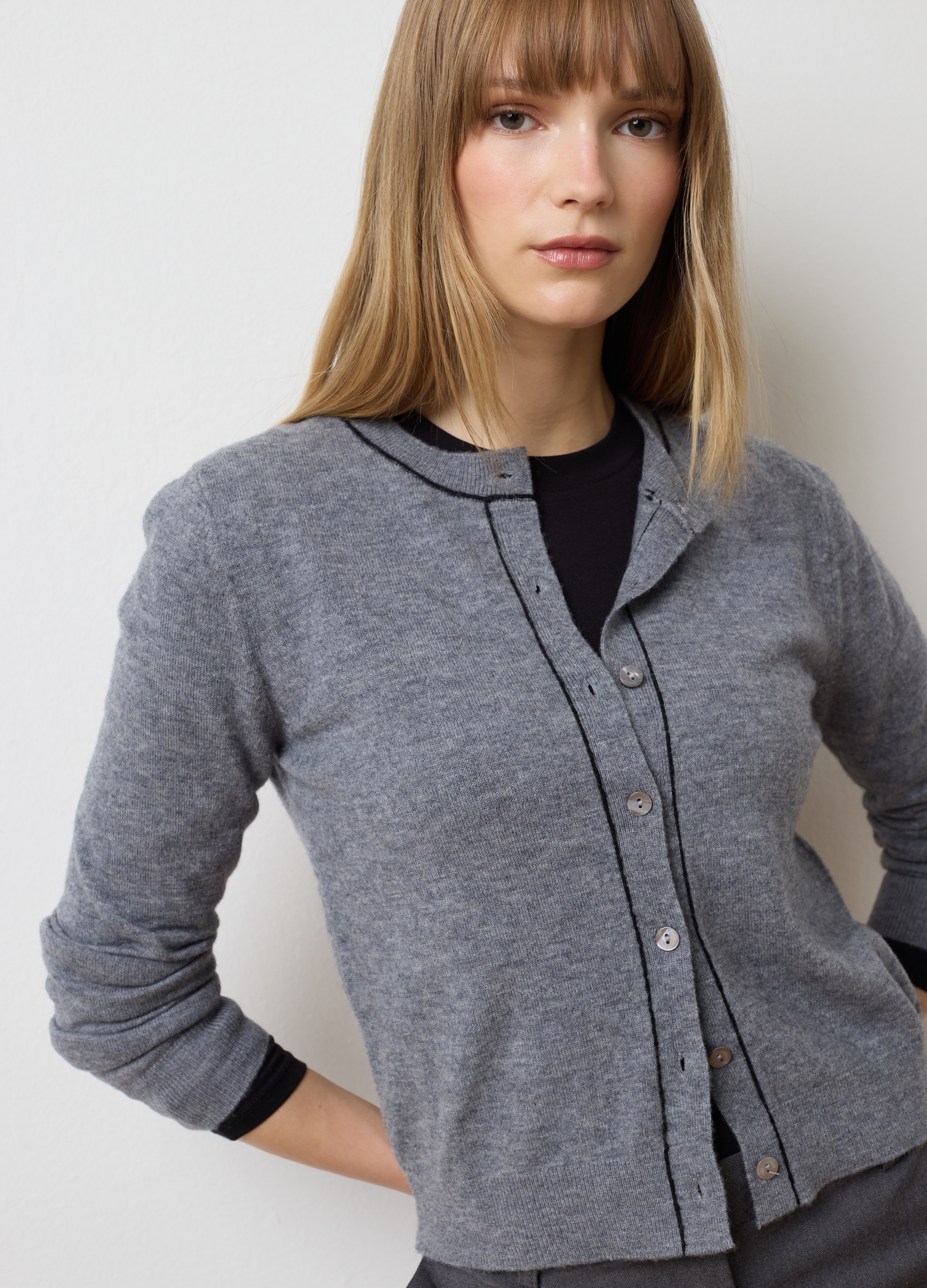 Cardigan In Pura Lana Grigio Regular Fit, Mujer, Gris jaspeado, Talla: 40