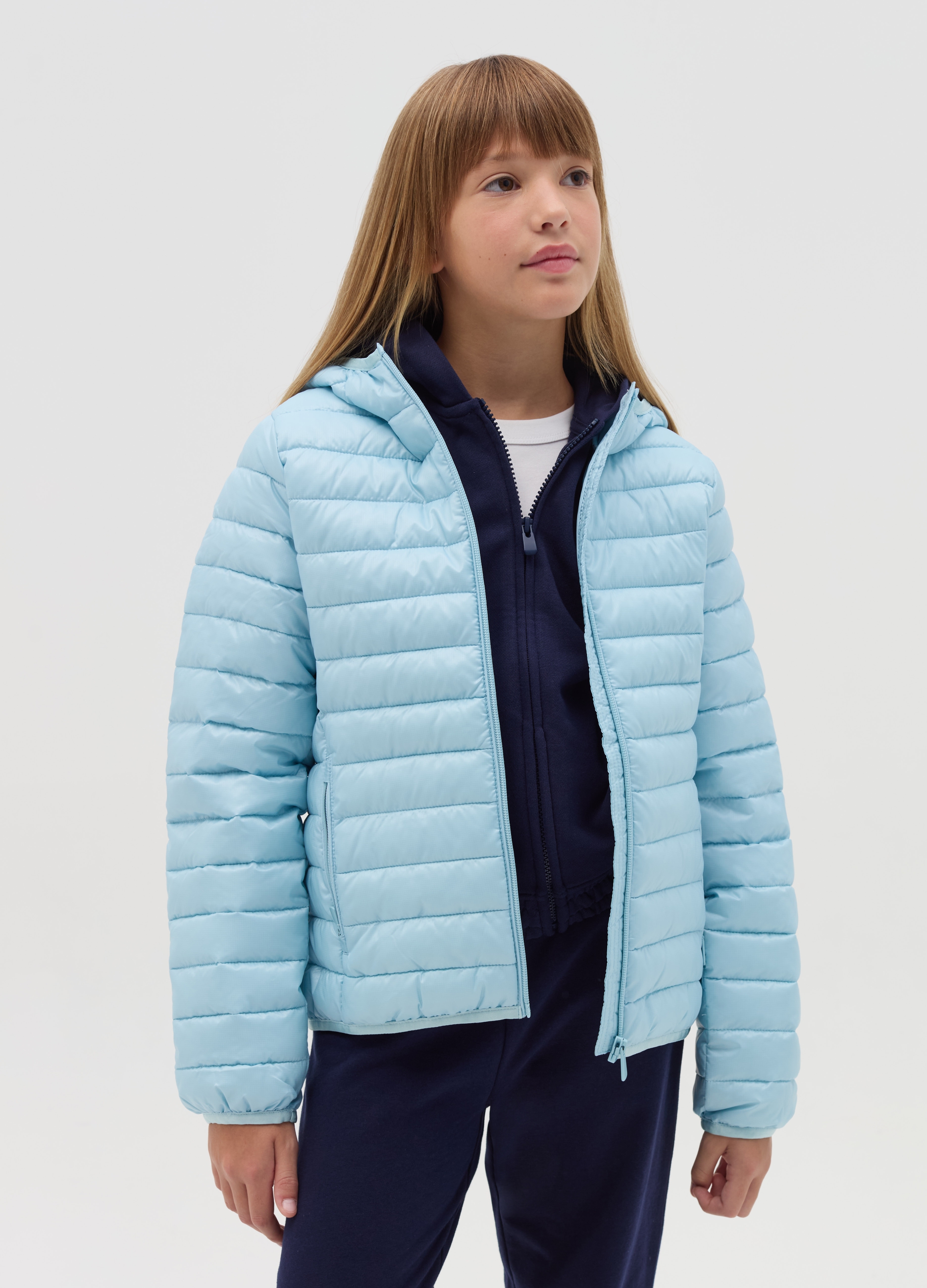 OVS KIDS, Piumino Ultralight Full-zip Con Cappuccio, Bambina, Azzurro, Taglia: 10-11