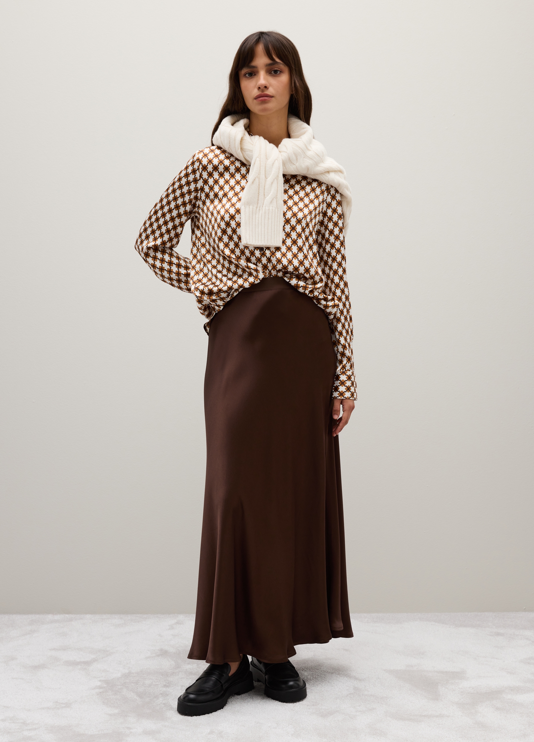 Camisa Multicolor De Manga Larga Ajuste Regular, Mujer, Blanco/marrón, Talla: 38