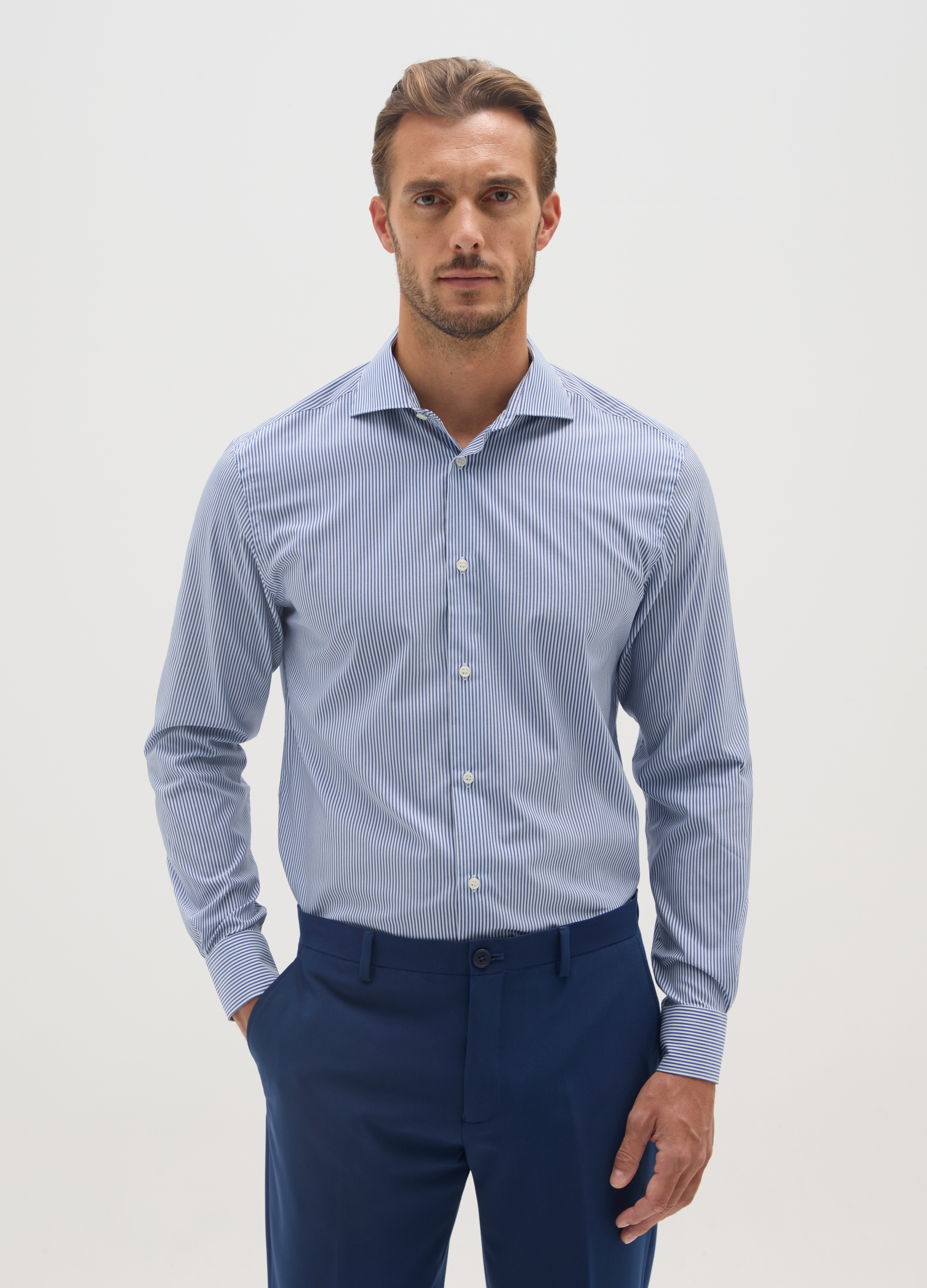 OVS, Camicia Slim Blu A Righe Con Colletto Francese E Bottoni, Uomo, Blu, Taglia: 44