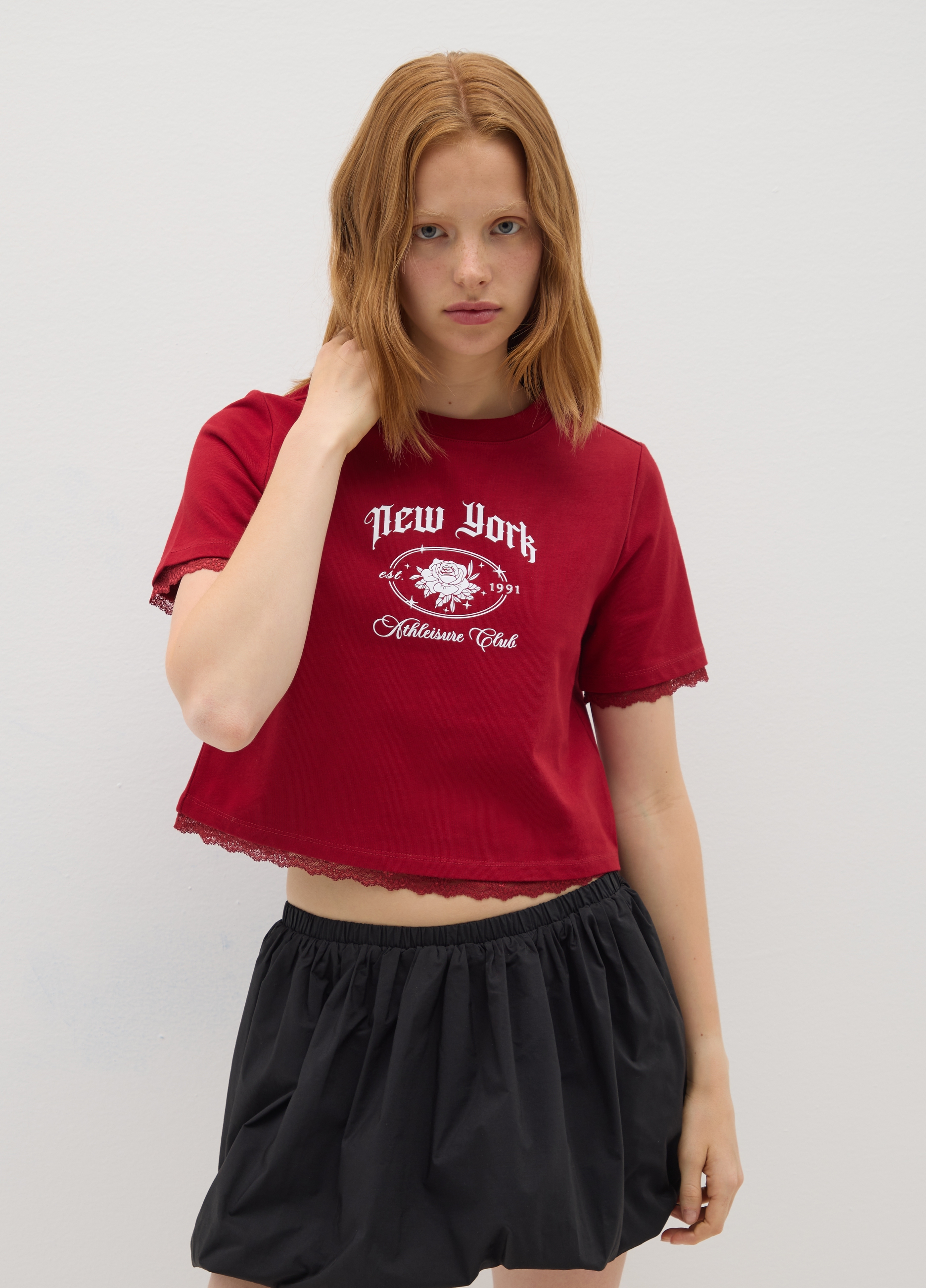 OVS, Rotes T-shirt Aus Reiner Baumwolle Mit Spitze, Frau, Dunkelrot, Größe: 34