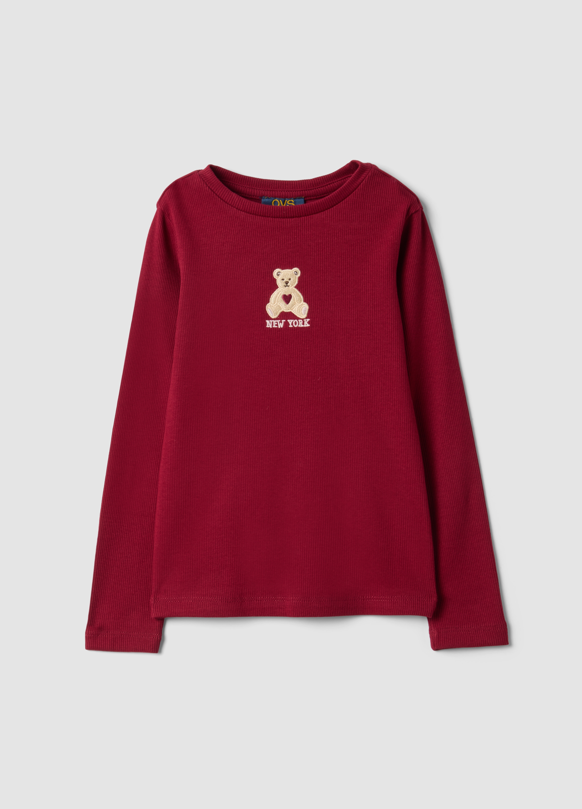 OVS KIDS, T-shirt Rossa In Cotone Elasticizzato A Costine Con Ricamo Orsetto, Bambina, Rosso, Taglia: 4-5