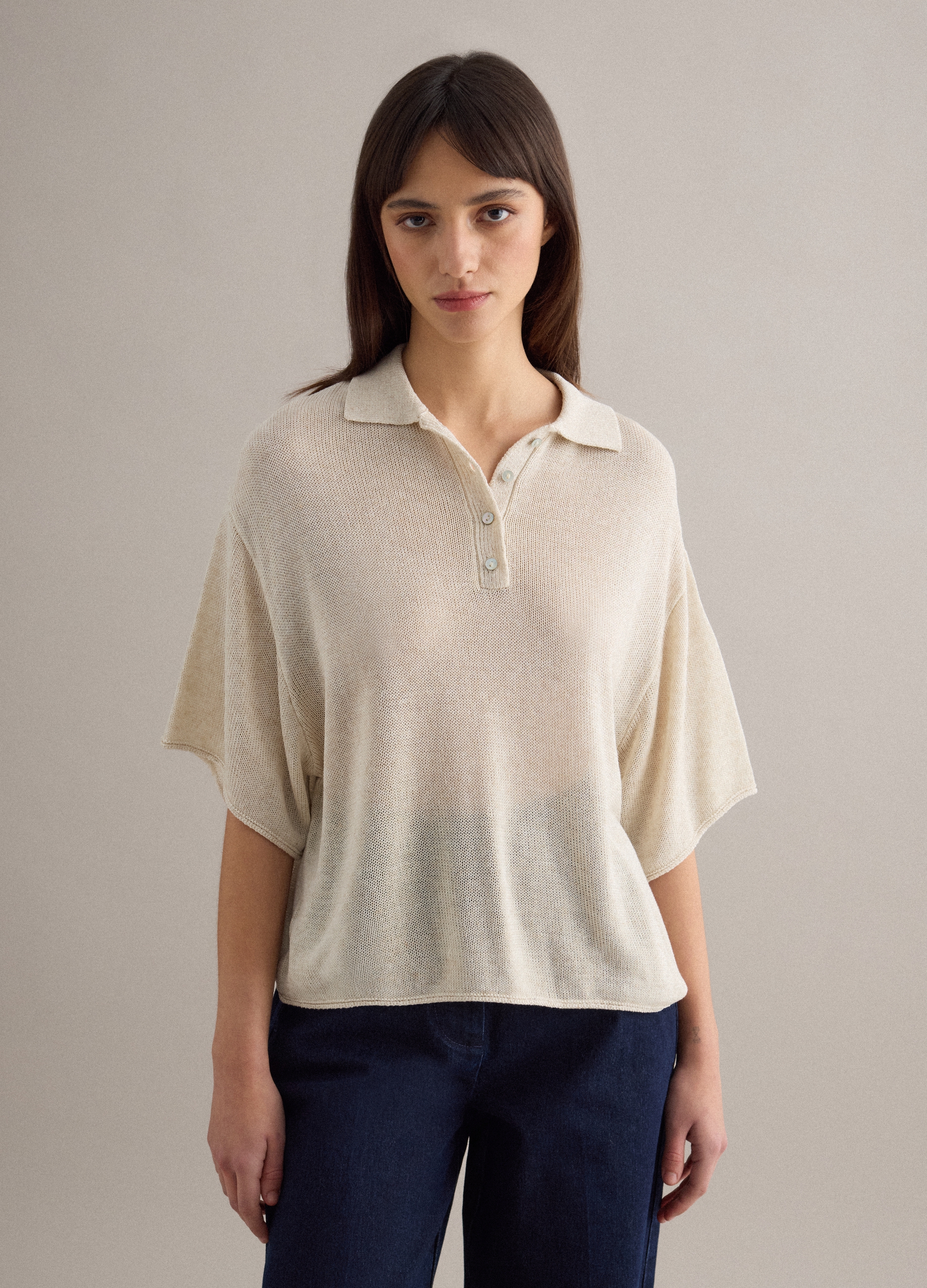 PIOMBO, Polo Beige Ajustado Regular Con Mangas A La Altura Del Codo, Mujer, Beige Claro, Talla: 34