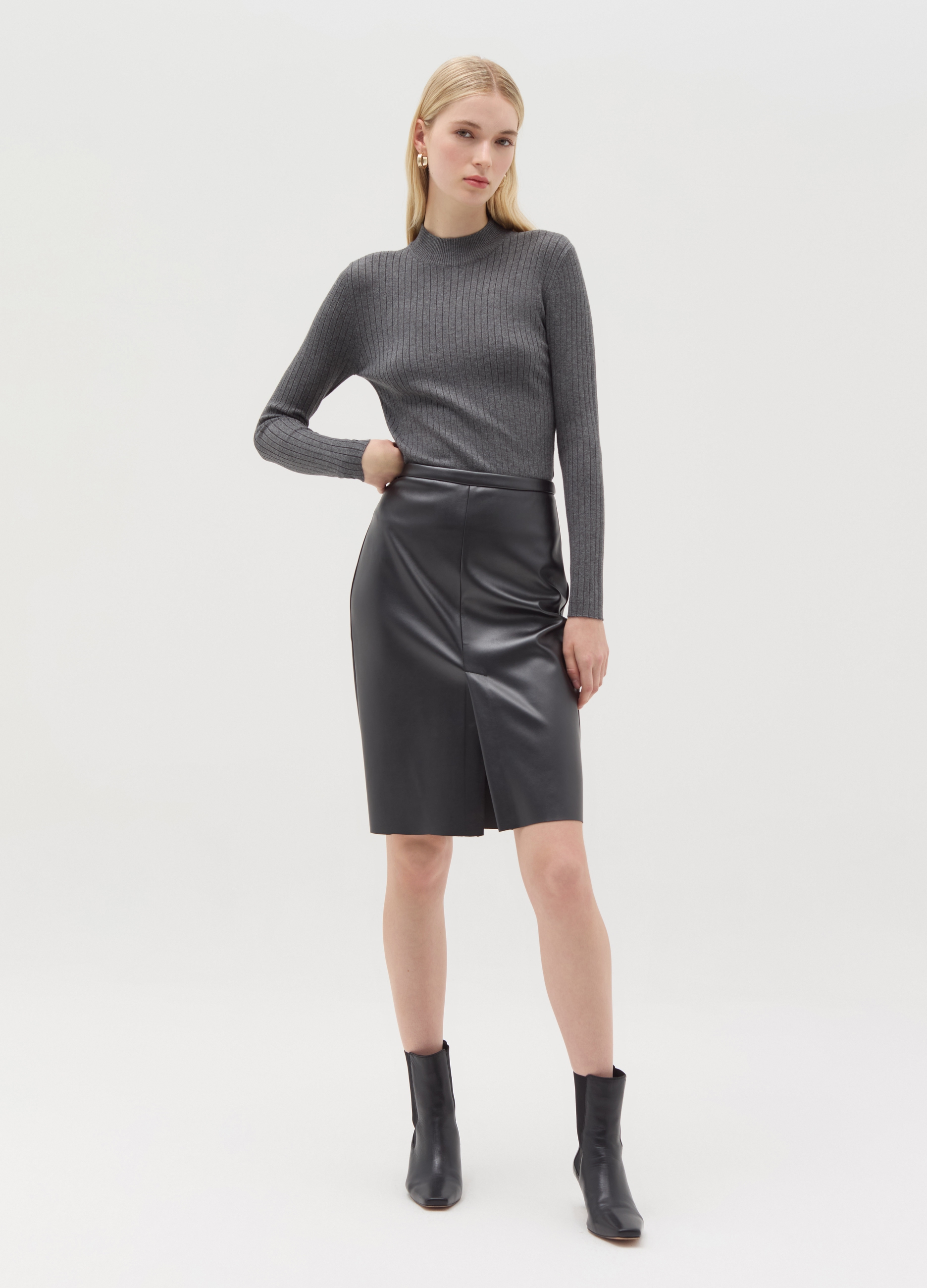 OVS, Maglia A Coste Piatte Mock Neck, Donna, Grigio, Taglia: XS