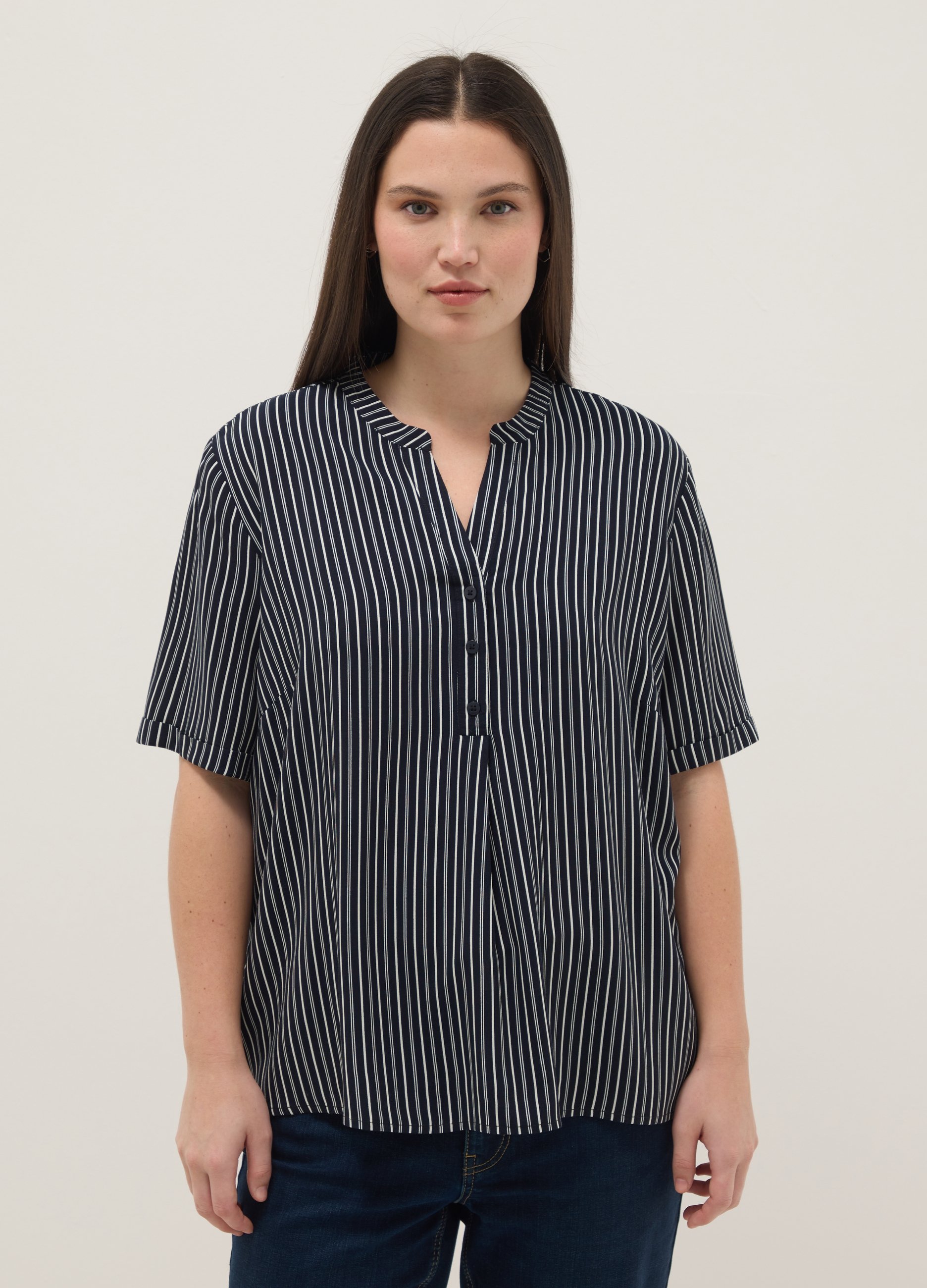 Camisa De Viscosa Pura A Rayas Multicolor De Ajuste Regular Con Botones, Mujer, Blanco/azul, Talla: XXL