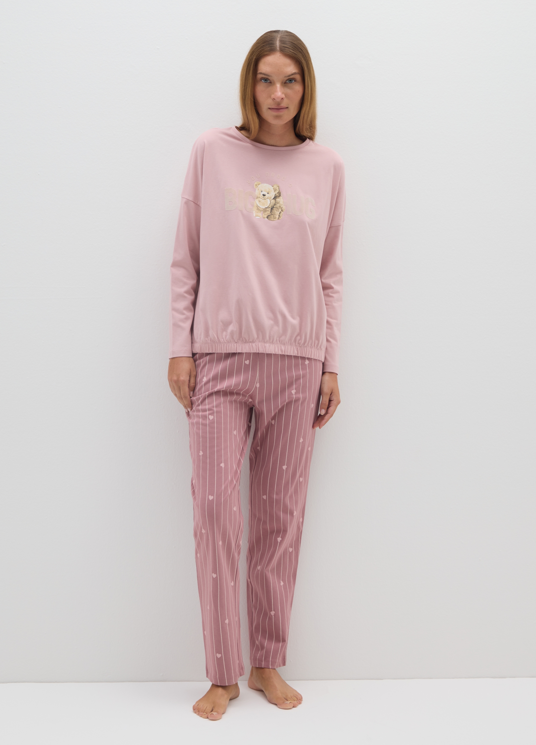 Pijama Rosa A Rayas De Algodón Puro Ajuste Regular Con Estampado, Mujer, Rosa pastel, Talla: M