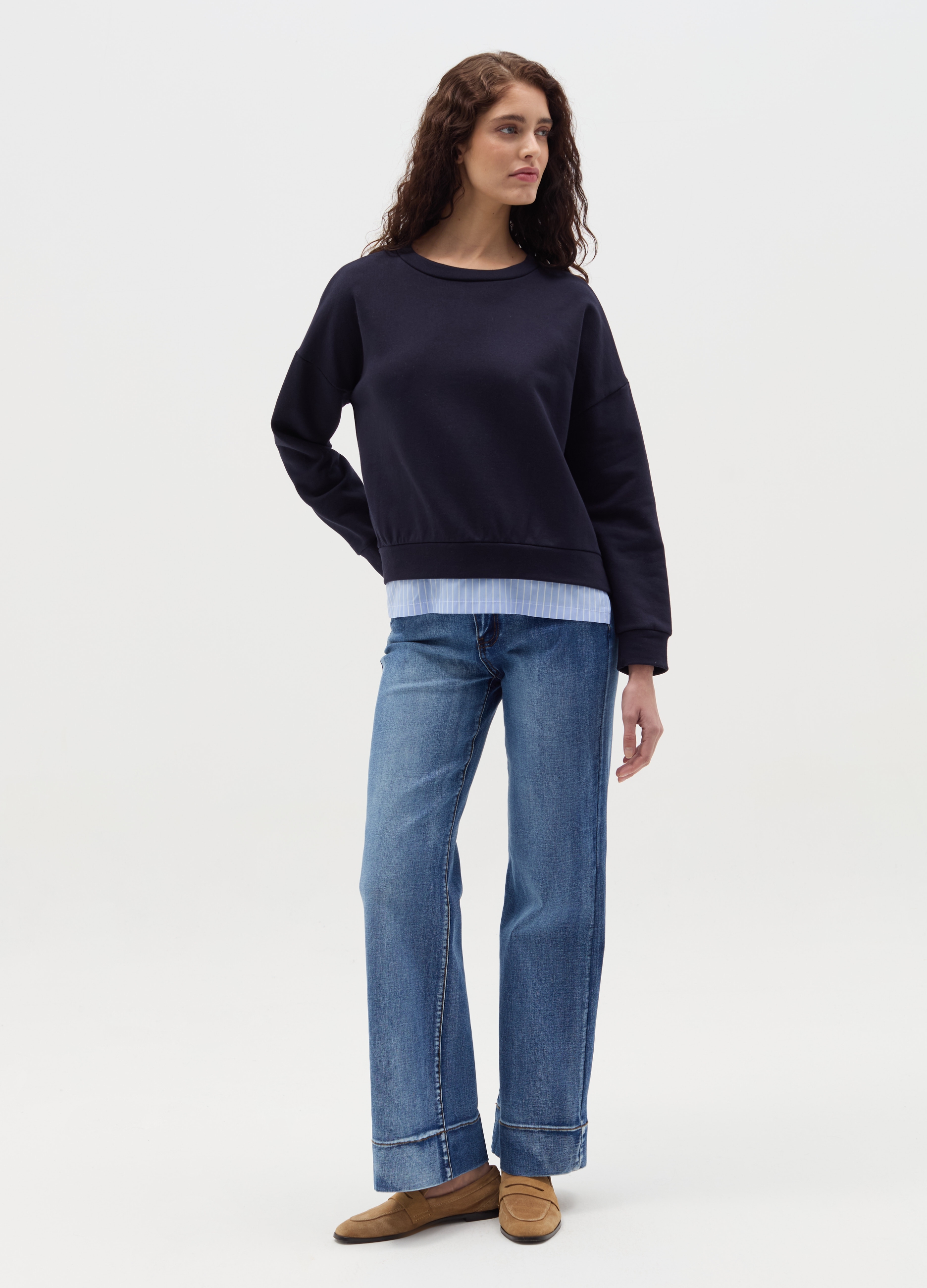 HYBRID, Jeans Straight Fit A Gamba Larga, Donna, Denim, Taglia: L