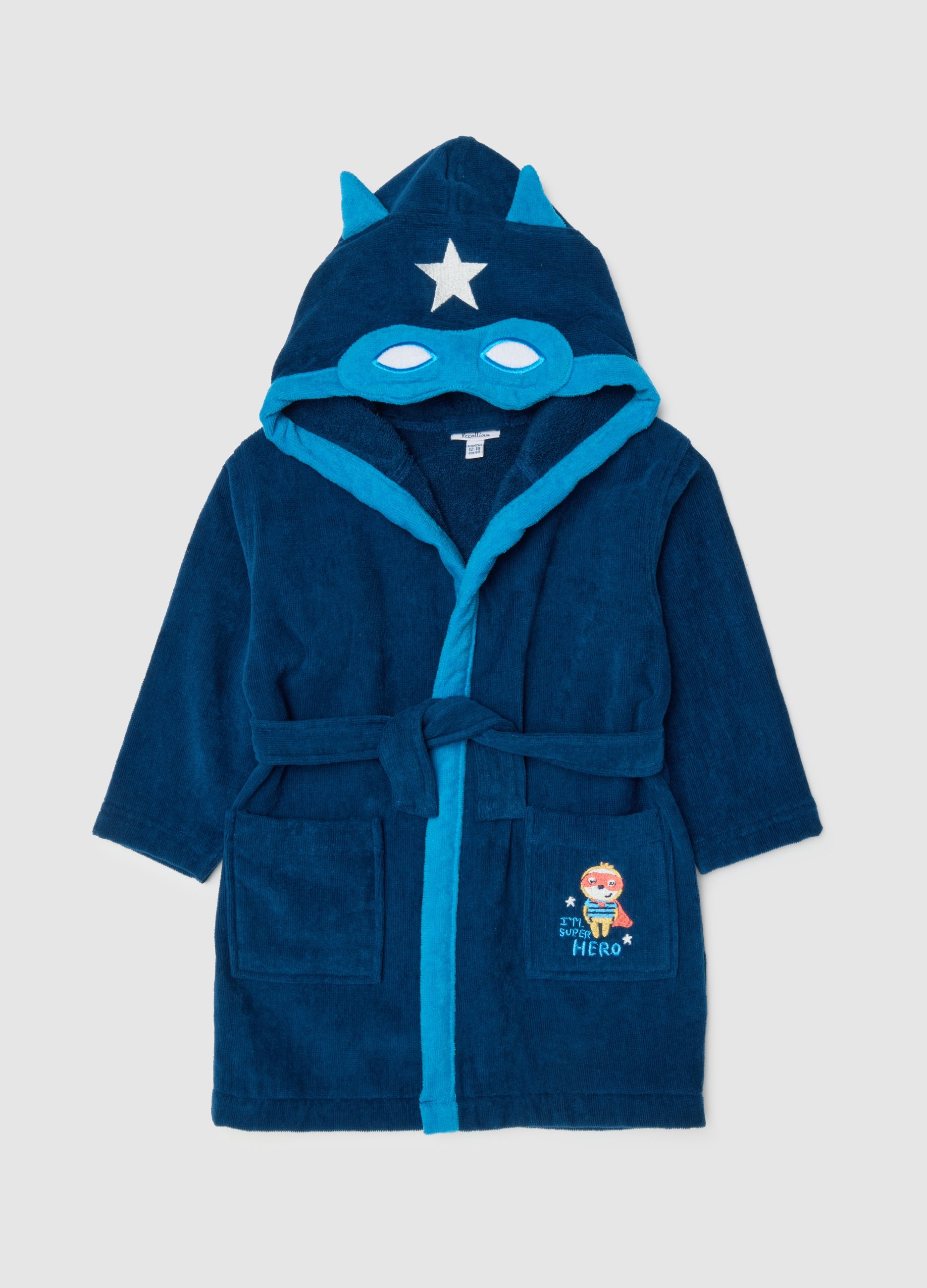 FAGOTTINO, Albornoz De Bebé Azul De Algodón Puro Con Motivo De Superhéroe, Niño, Azul oscuro, Talla: 12-18