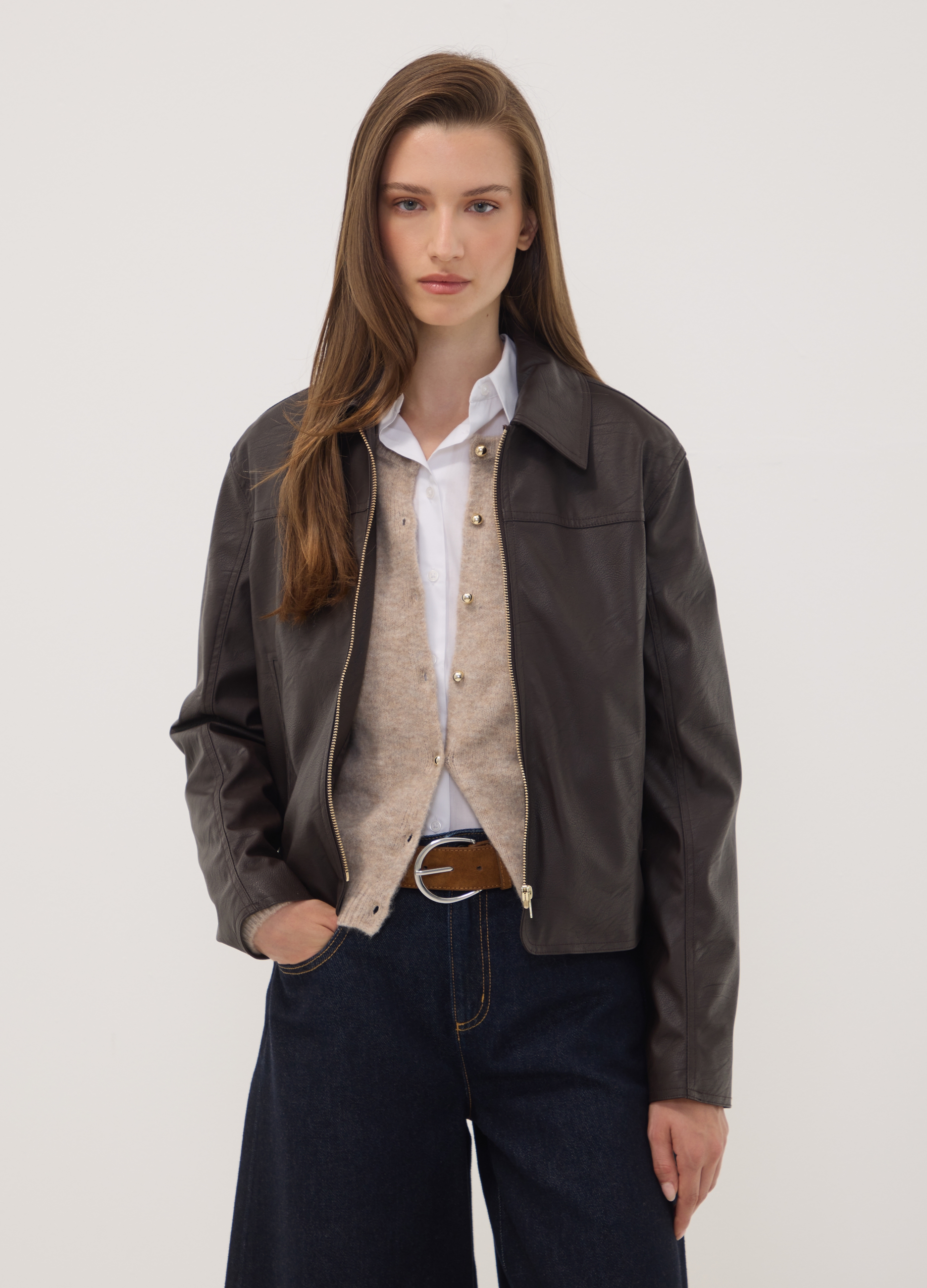 OVS, Giacca Marrone Con Zip E Colletto Slim Fit, Donna, Marrone, Taglia: S
