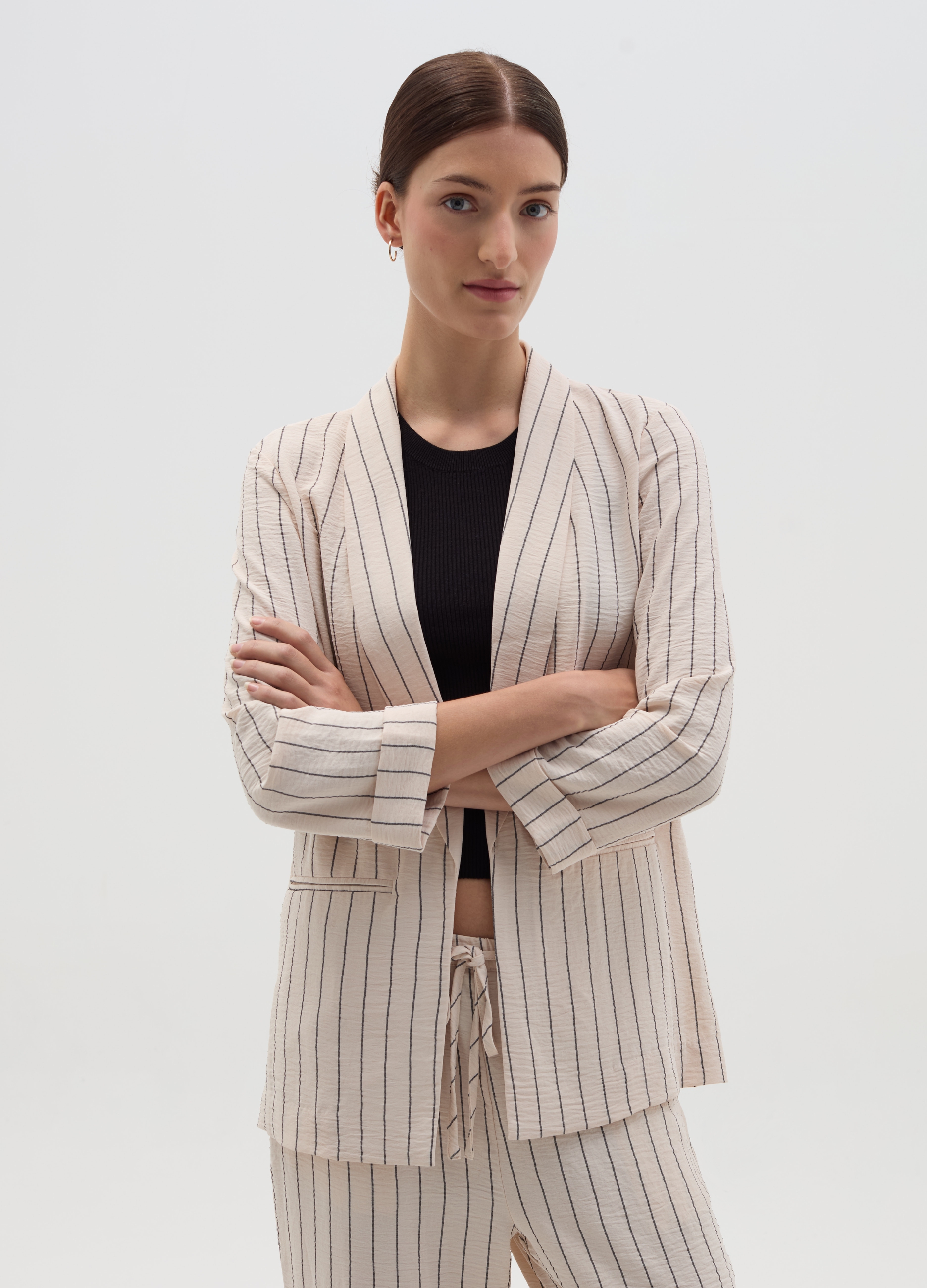 OVS , Blazer Fluido Aperto Effetto Crinkle, Donna, Beige, Taglia: L