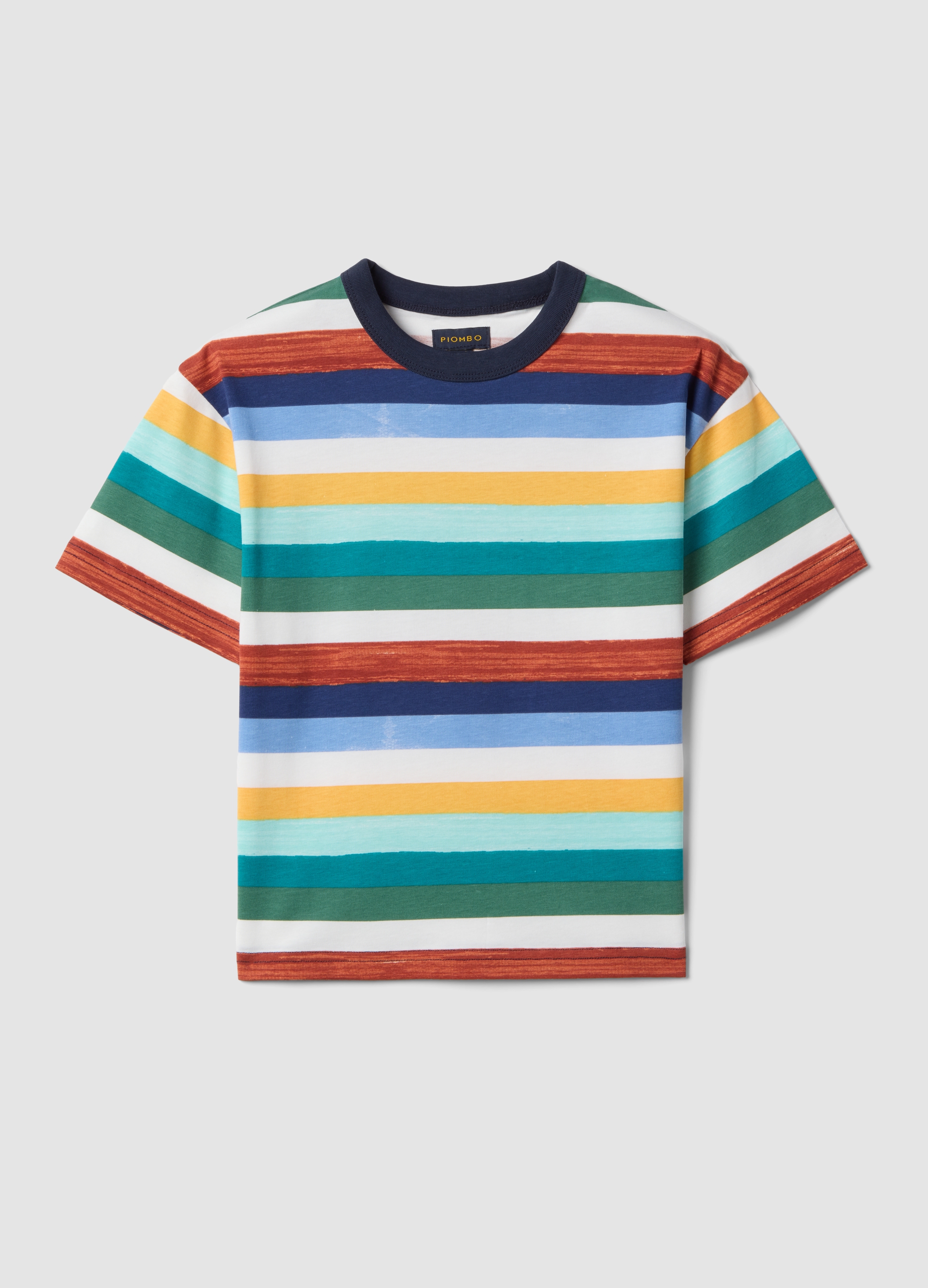 PIOMBO KIDS, Camiseta Infantil A Rayas Multicolor De Algodón Puro Con Corte Regular, Niño, Green/Blue, Talla: 10