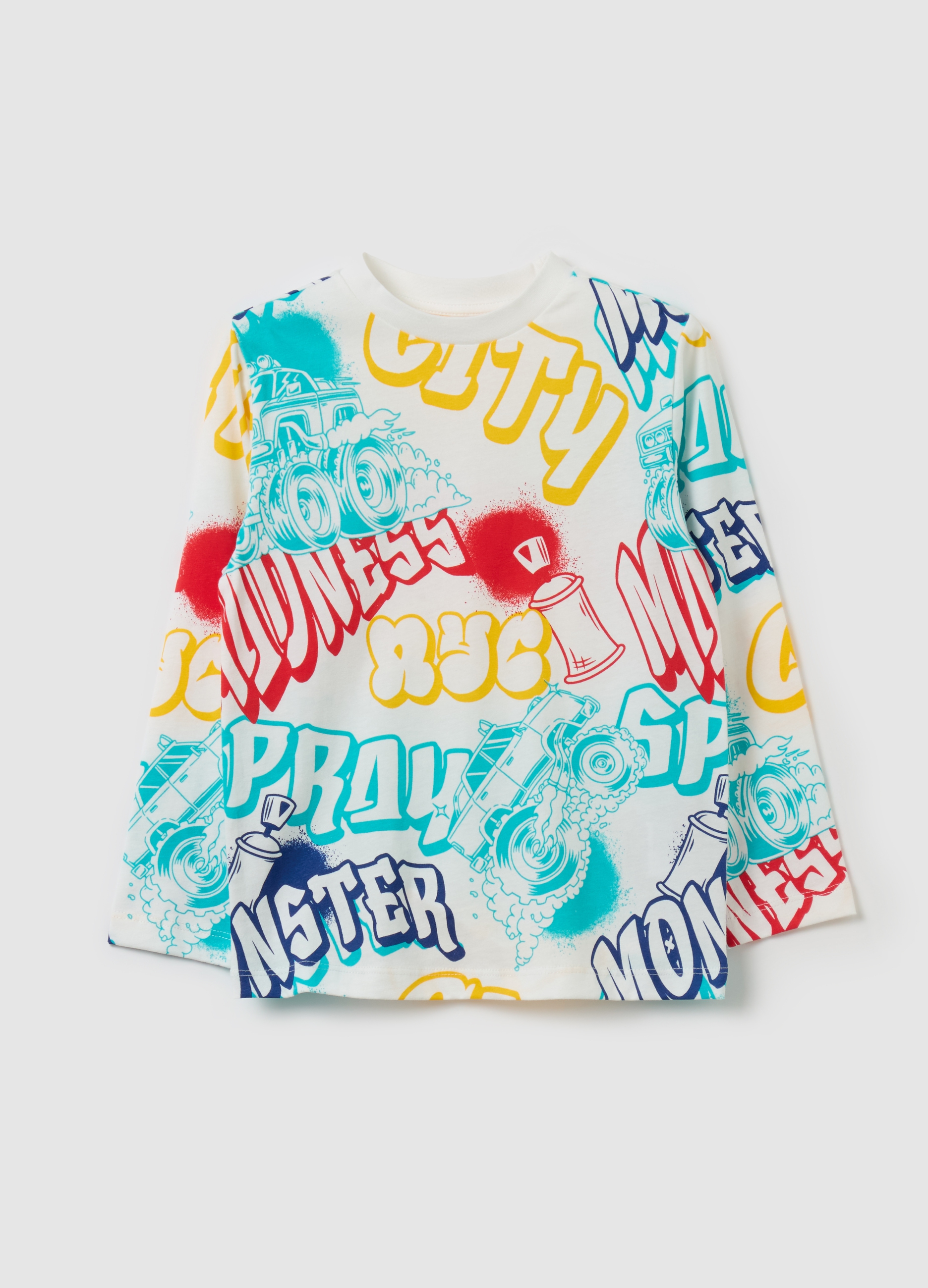OVS KIDS, T-shirt Maniche Lunghe In Cotone Con Stampa, Bambino, Bianco, Taglia: 8-9