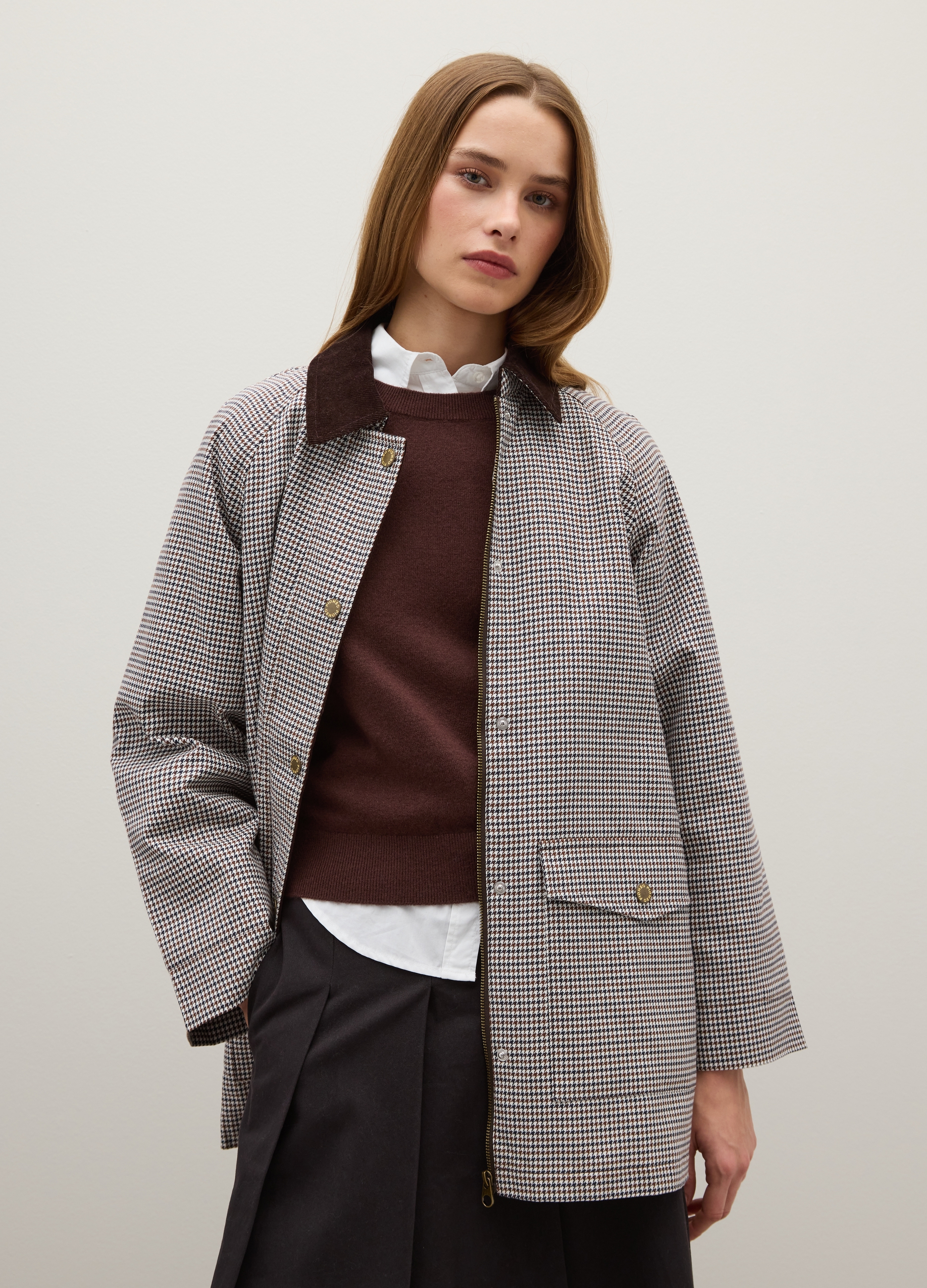 Chaqueta De Cuadros Multicolor En Algodón Puro Con Botones Y Cremallera, Mujer, Marrón/Gris, Talla: L