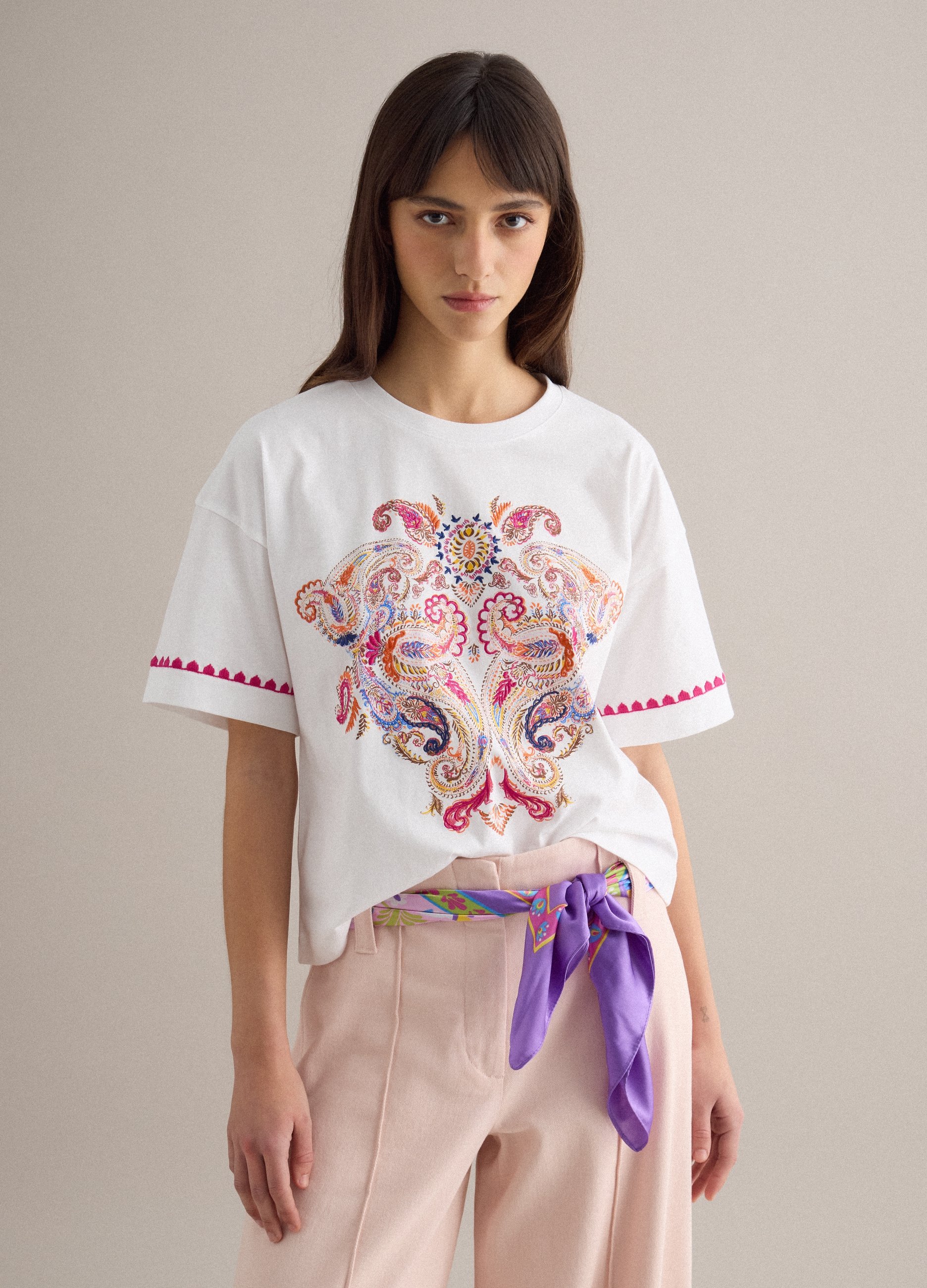 PIOMBO, Camiseta Blanca De Puro Algodón Regular Fit Con Bordado, Mujer, Blanco óptico, Talla: 40