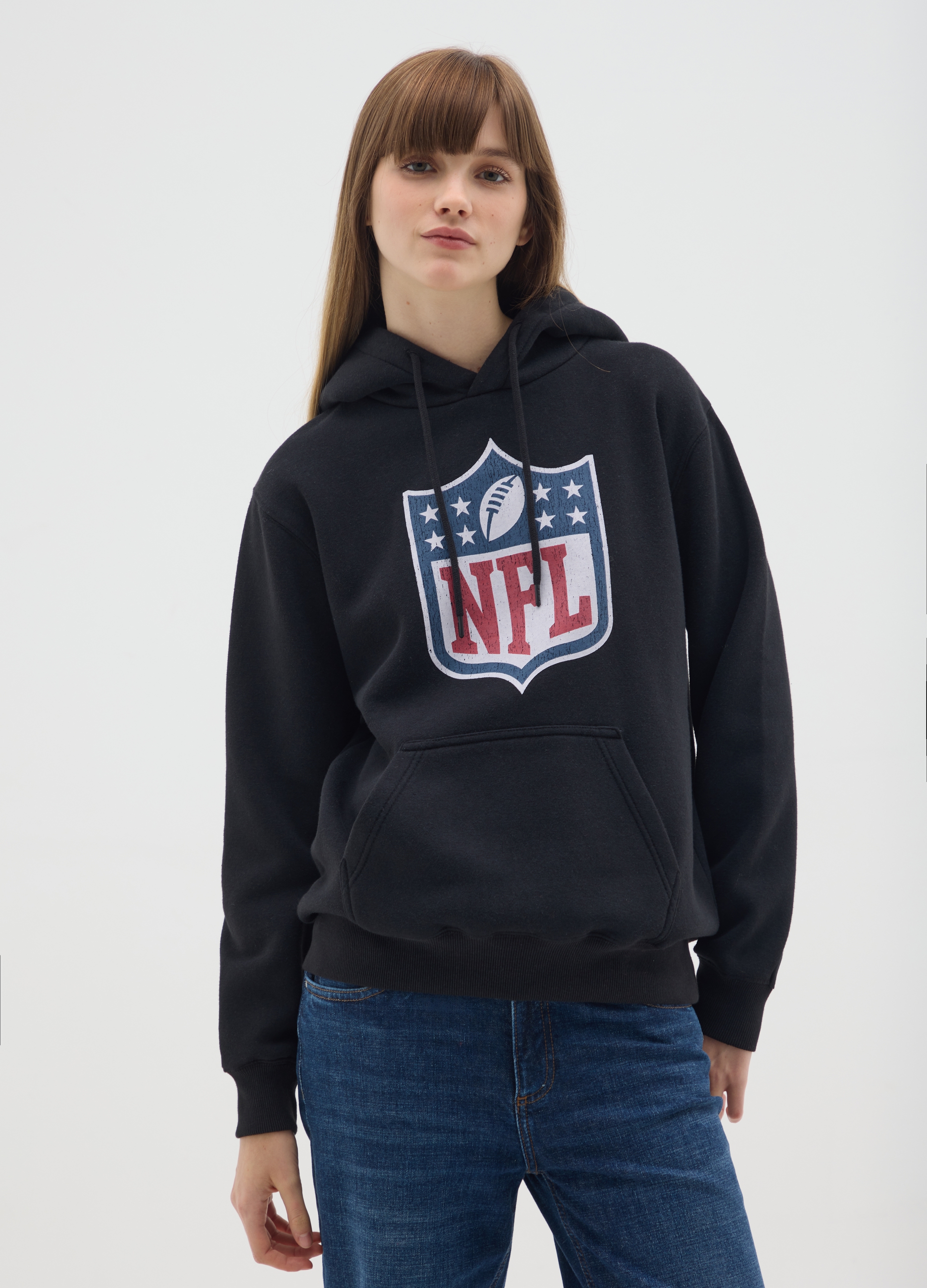 NFL, Felpa In Misto Cotone Nera Regular Fit Con Cappuccio E Logo Nfl, Donna, Nero, Taglia: XS
