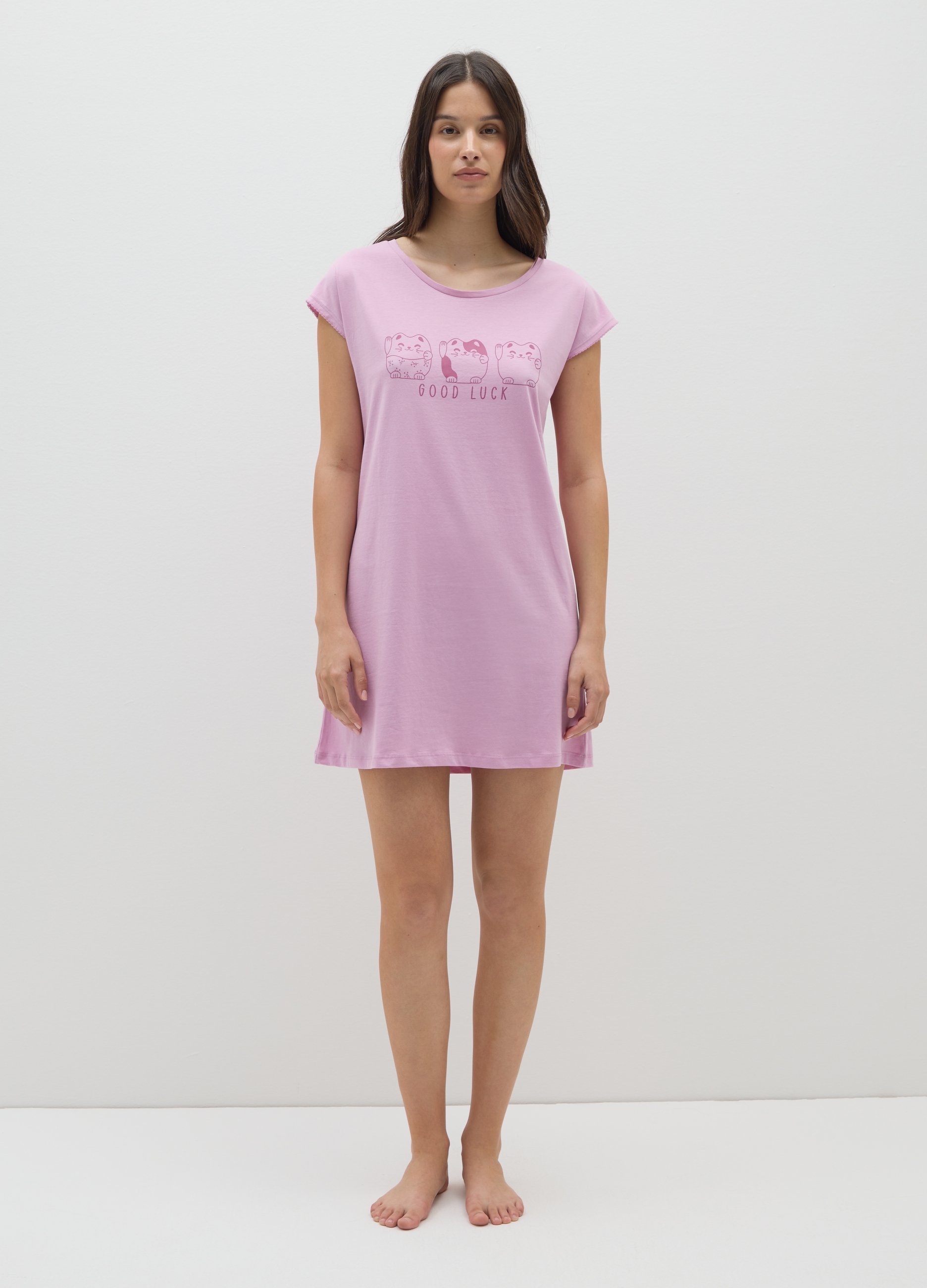 OVS, Camicia Da Notte Rosa In Puro Cotone Con Gatti, Donna, Rosa, Taglia: S