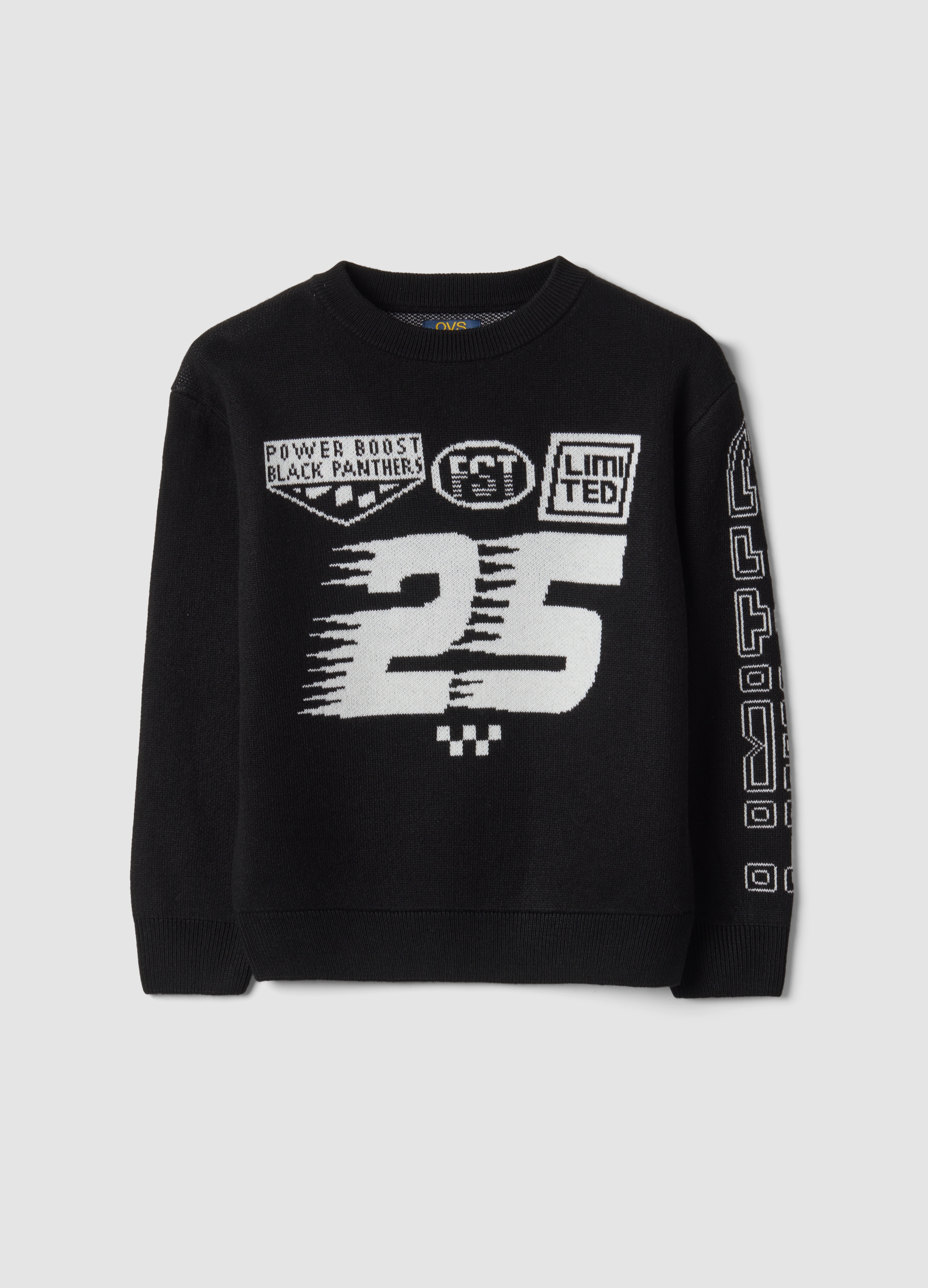 OVS KIDS, Maglia Nera Girocollo Con Stampa Jacquard, Bambino, Nero, Taglia: 4-5