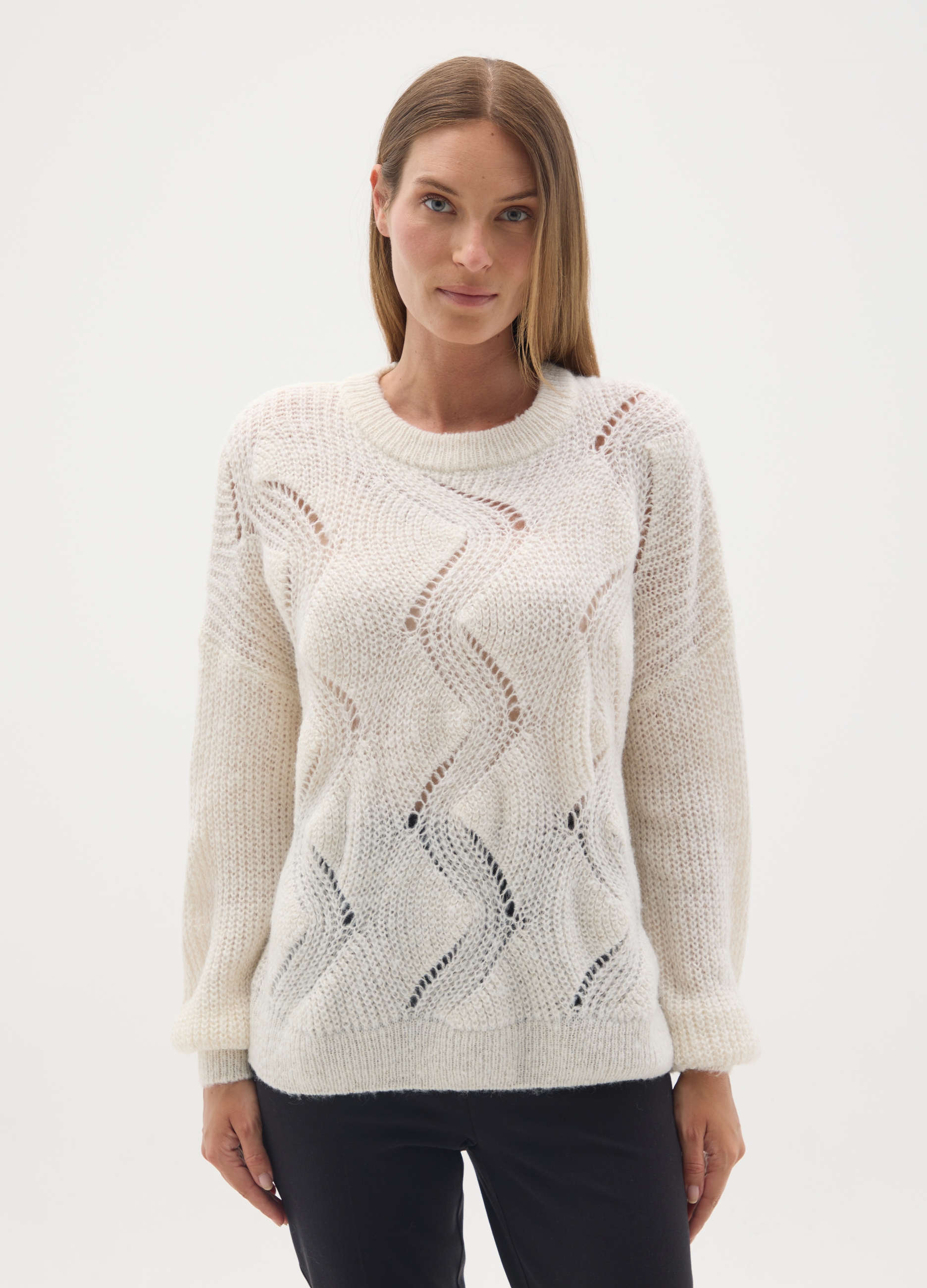 NICOL CARAMEL, Maglione Premaman Bianco Con Motivo Traforato, Donna, Bianco, Taglia: M