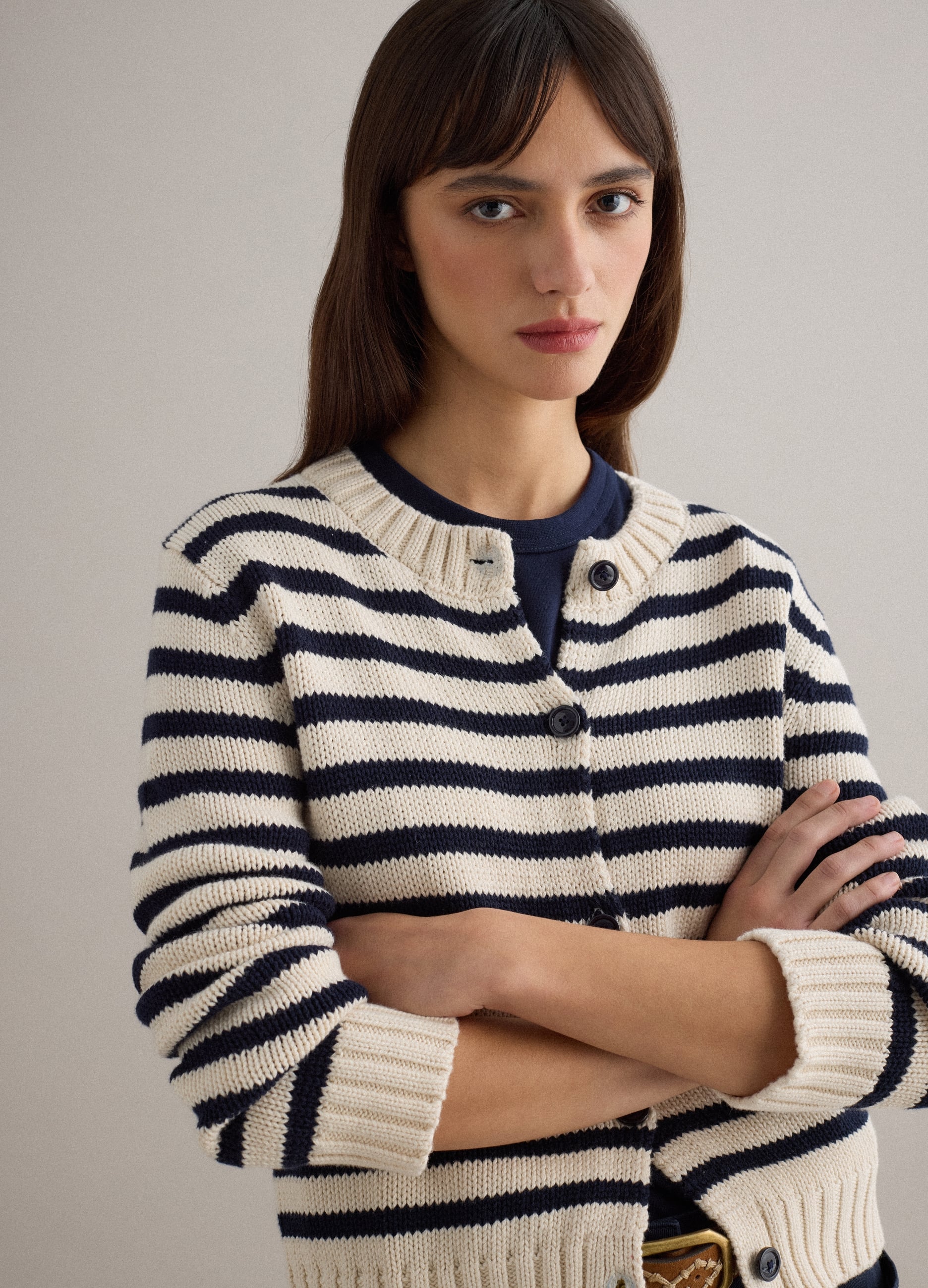 PIOMBO, Cárdigan De Rayas Multicolor En Algodón Puro Ajuste Regular Con Botones, Mujer, Negro/Beige, Talla: 38