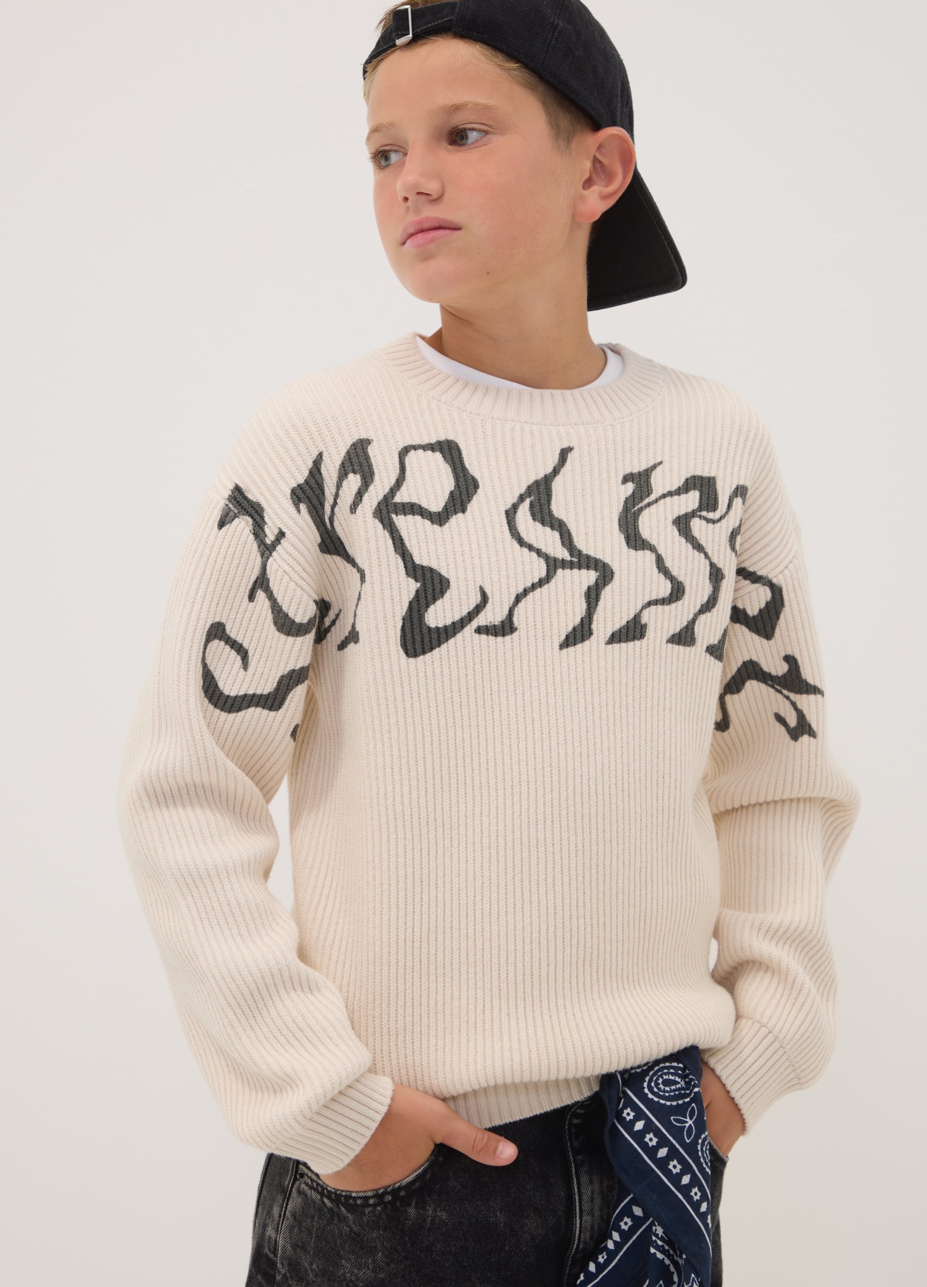 OVS KIDS, Maglia Over Beige In Misto Cotone Con Girocollo A Costine Per Ragazzo, Bambino, Beige, Taglia: 14-15