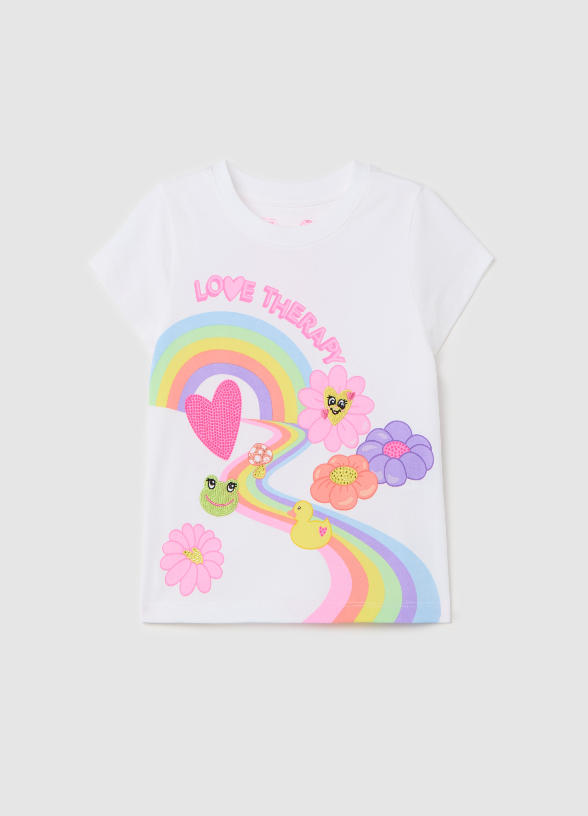 LOVE THERAPY, T-shirt Con Stampa Arcobaleno E Fiori, Bambina, Bianco, Taglia: 3-4