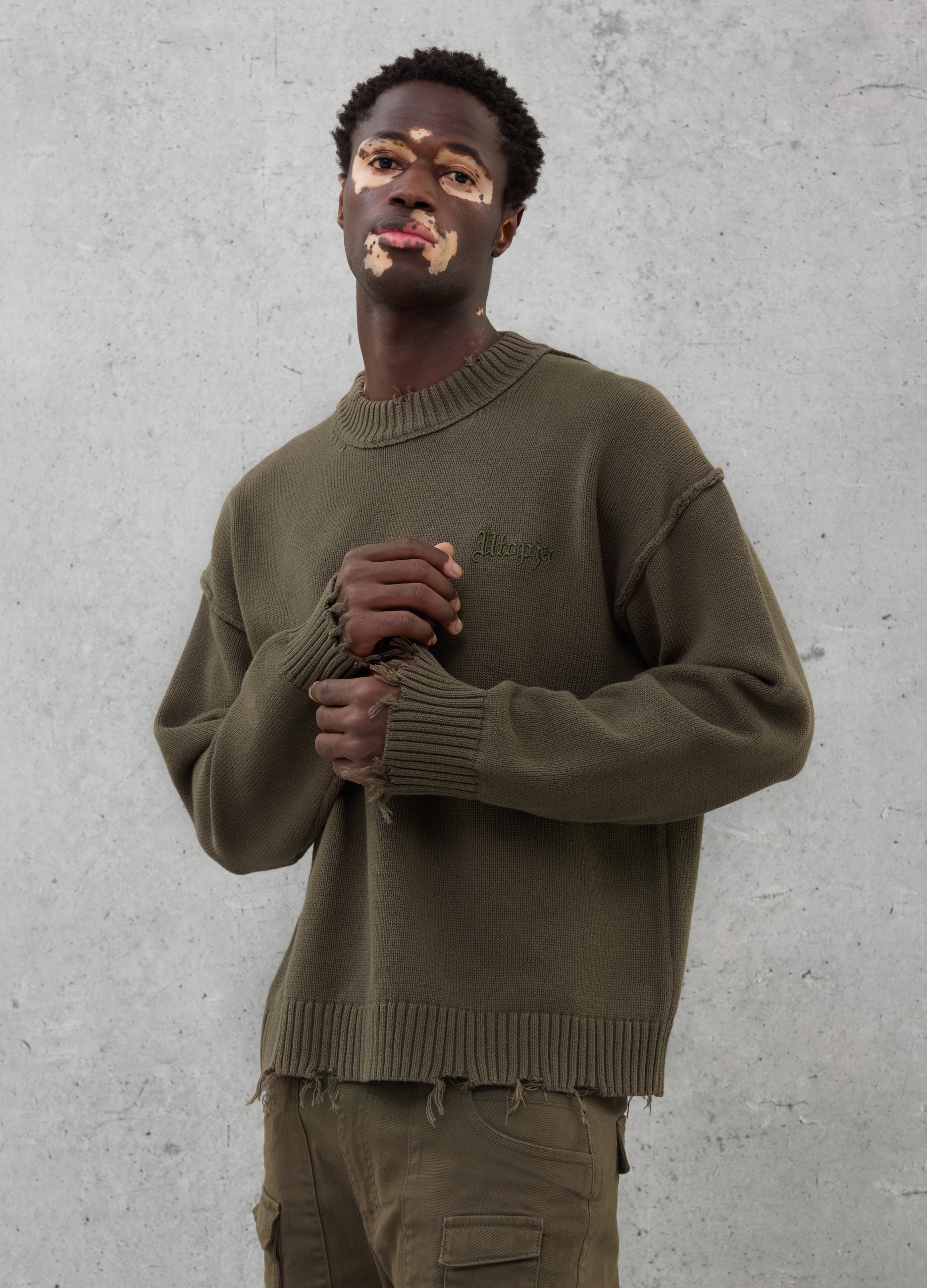 UTOPJA, Crewneck Distressed Pullover Military Green, Uomo, Verde, Taglia: S