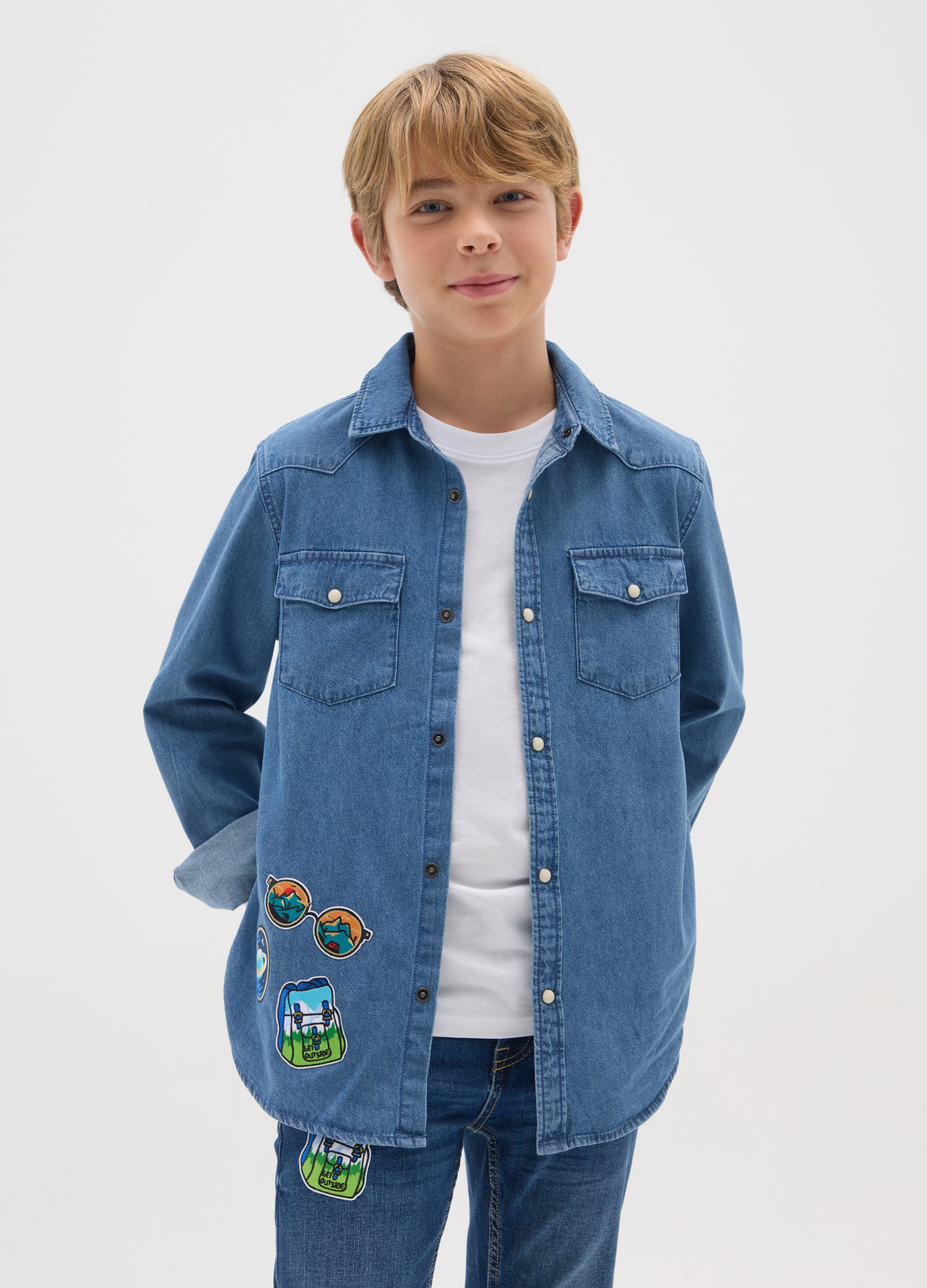 OVS KIDS, Camicia Western Reup Con Patch Colorate In Denim, Bambino, Denim, Taglia: 10-11