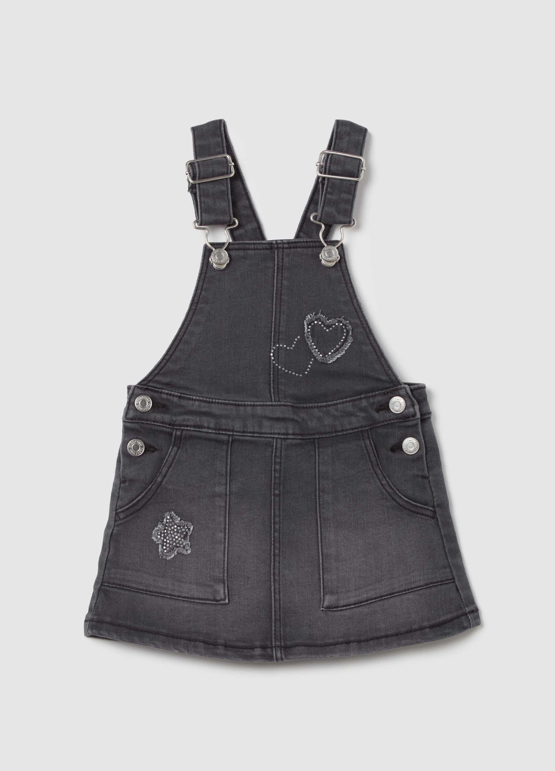 Peto Falda De Denim Con Corazones De Strass, Niña, Gris pizarra, Talla: 24-30