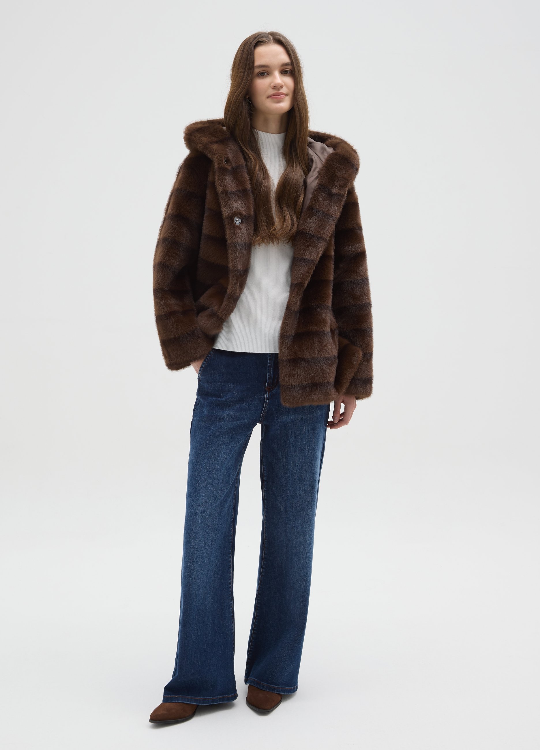 HYBRID, Cappotto Morbido Marrone Con Cappuccio E Cintura Regular Fit, Donna, Marrone, Taglia: L/XL